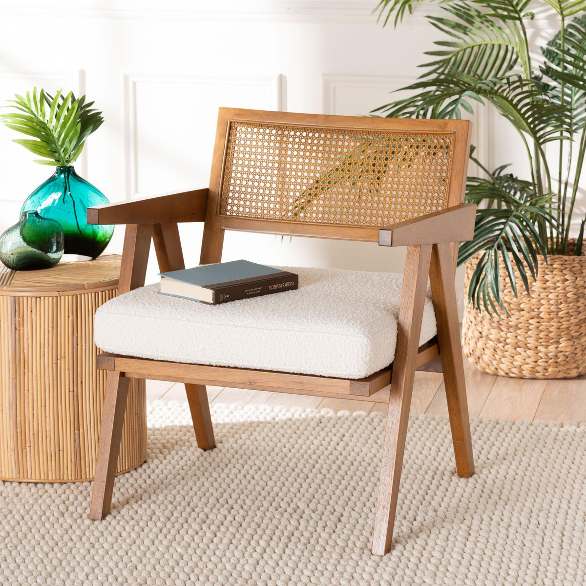 Jetsam Japandi Cream Boucle Fabric and Walnut Brown Finished Wood Arm Chair