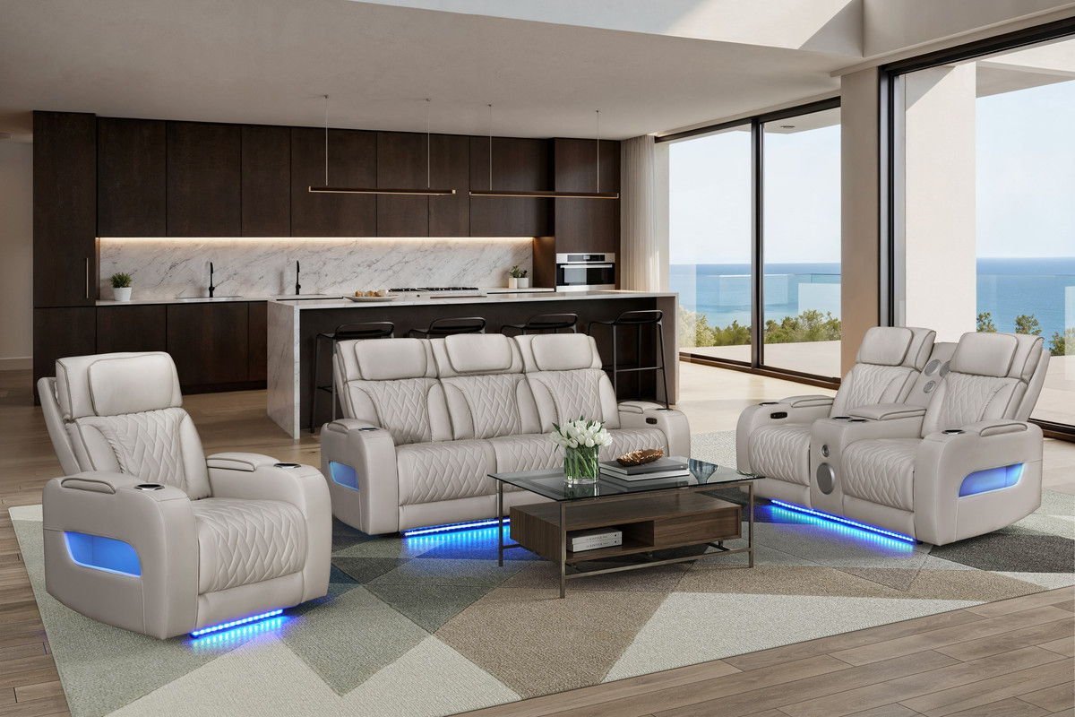 Jazz Ice Leather Aire Transformer Power Reclining Sofa, Loveseat & Chair Living Room Set with Power Headrest, Bluetooth Speakers, LED Lights, Wireless Charging Drop-Down Table, USB & USB-C Ports, Storage & Cupholders