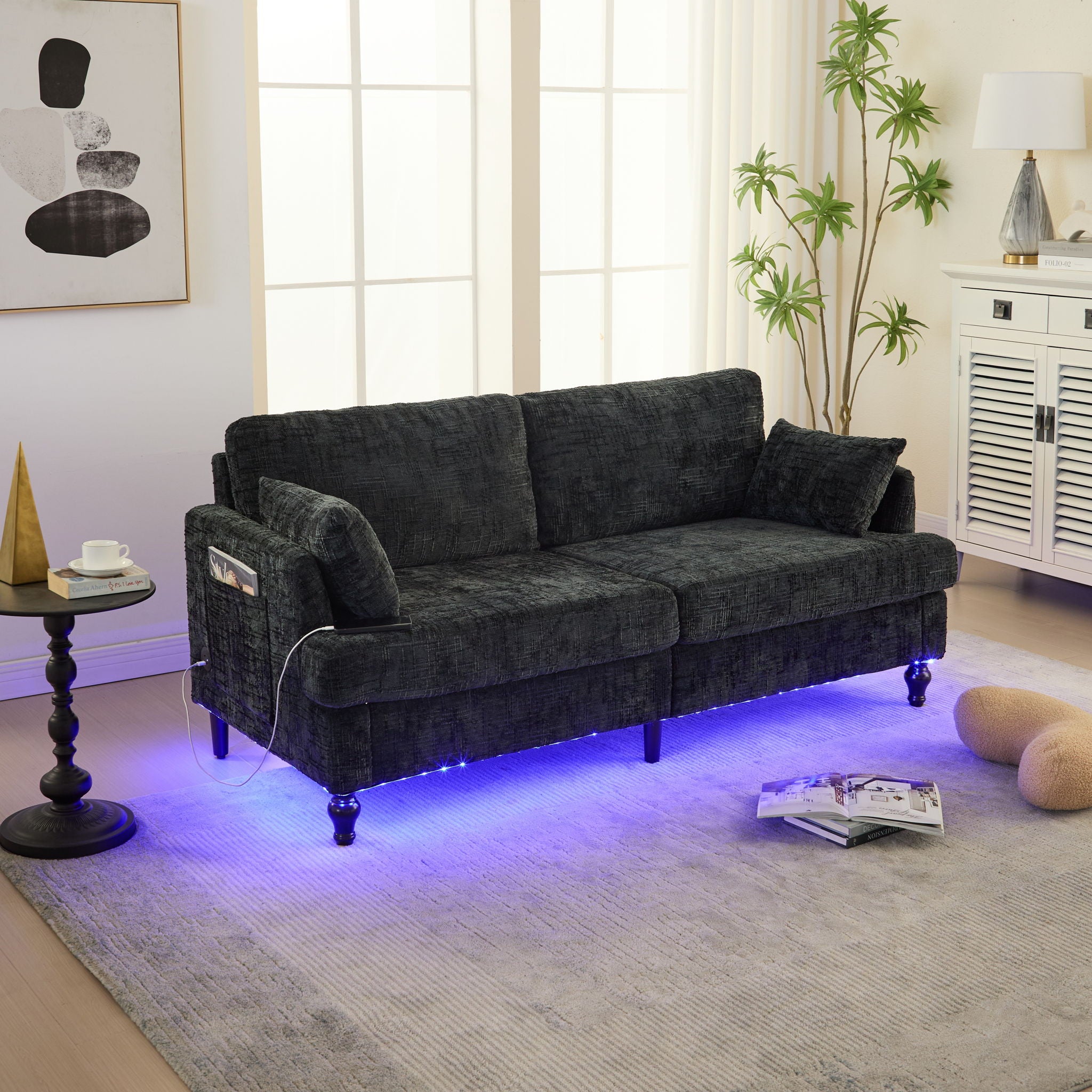Chenille 2 Seater Sofa With LED Light, USB Charging Port, And Storage Bag