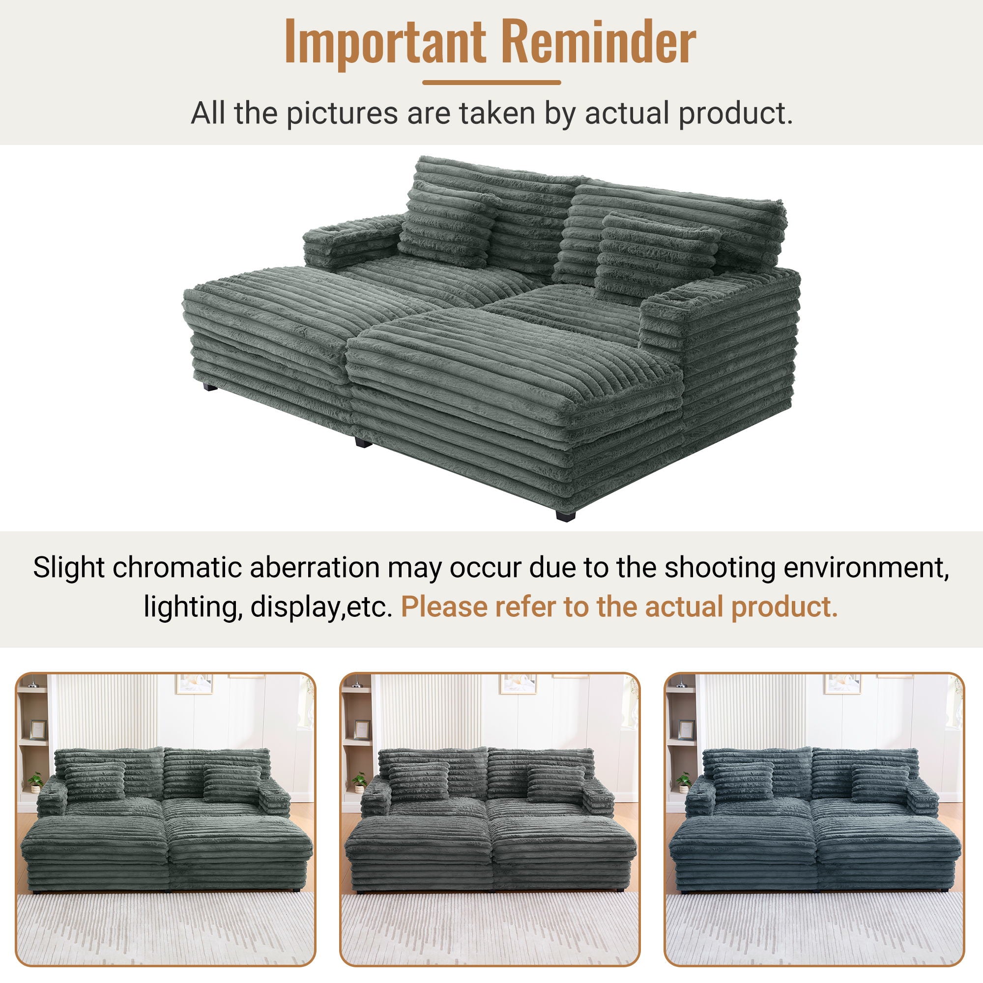 Plush Oversized Double Chaise Lounge Sofa Bed With USB Ports And Cup Holders