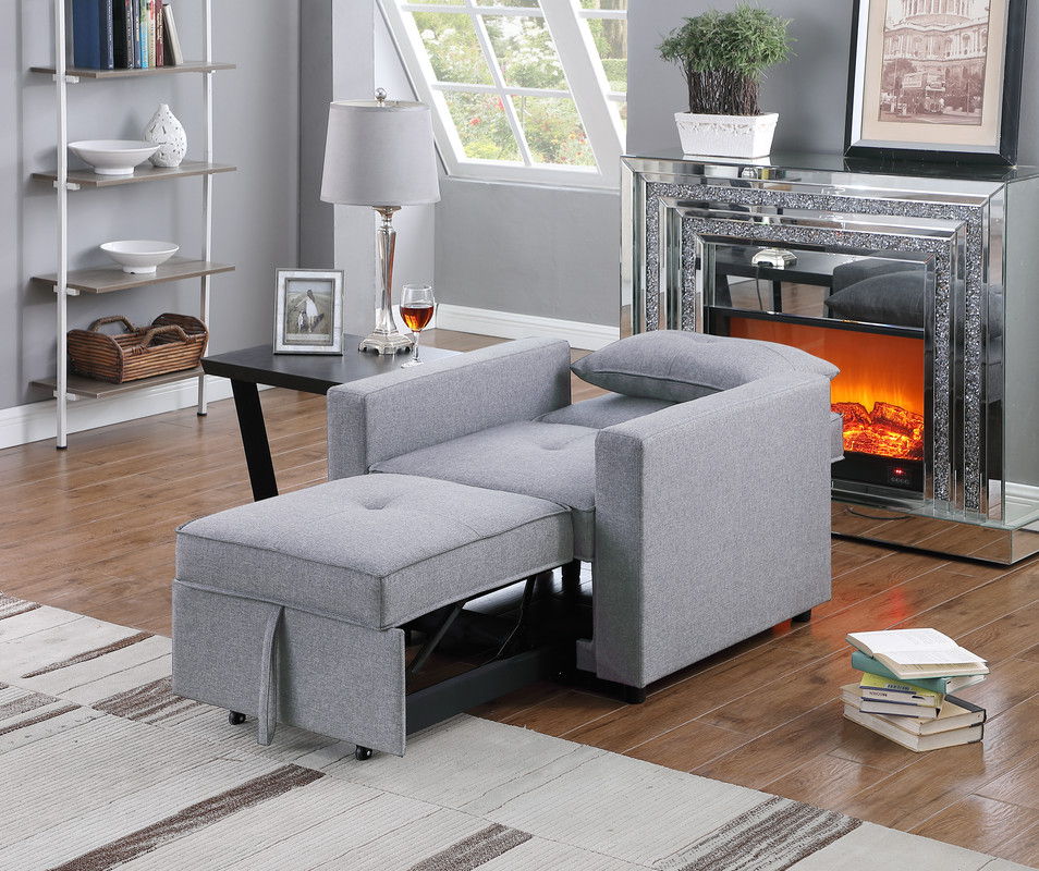 Zoey 33.25"W Light Gray Linen Convertible Sleeper Chair with Side Pocket
