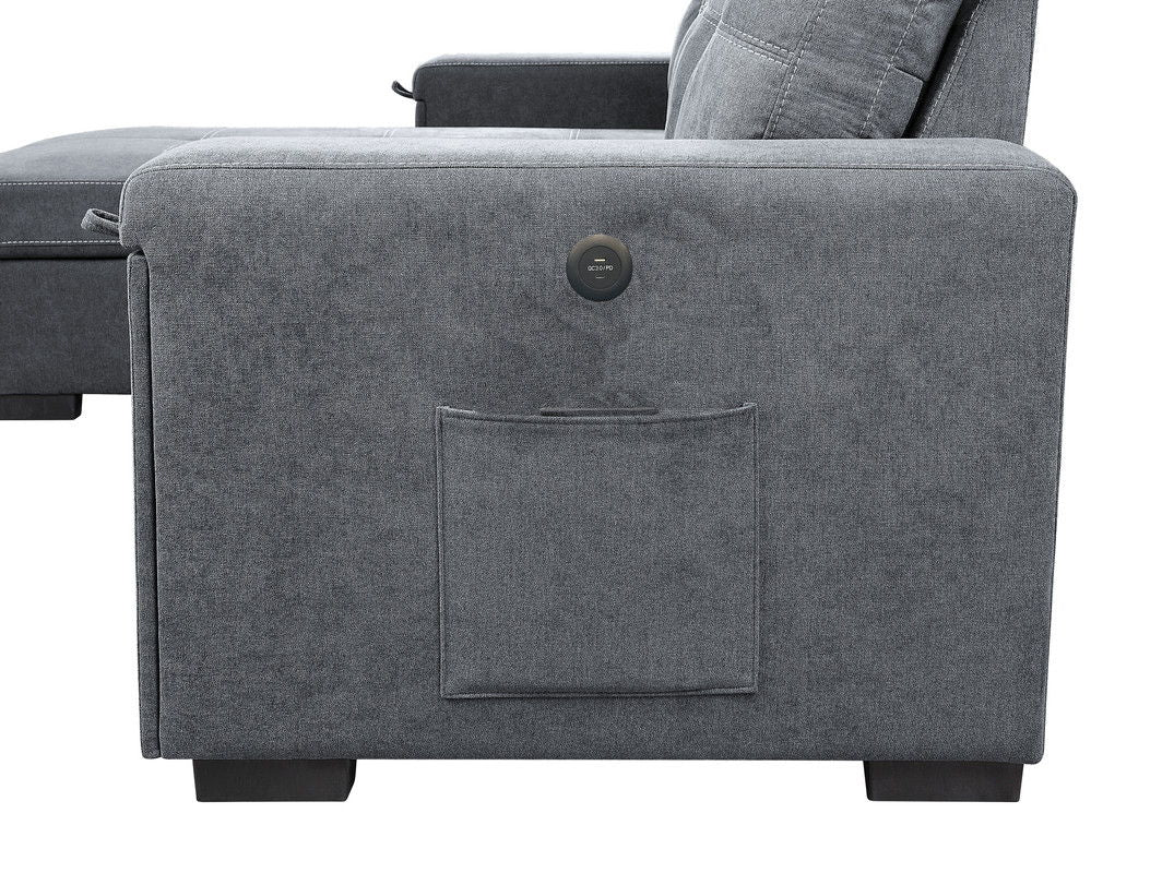 Toby 95"W Gray Woven Fabric Reversible Sleeper Sectional Sofa with Storage Chaise Cup Holder Charging Ports and Pockets