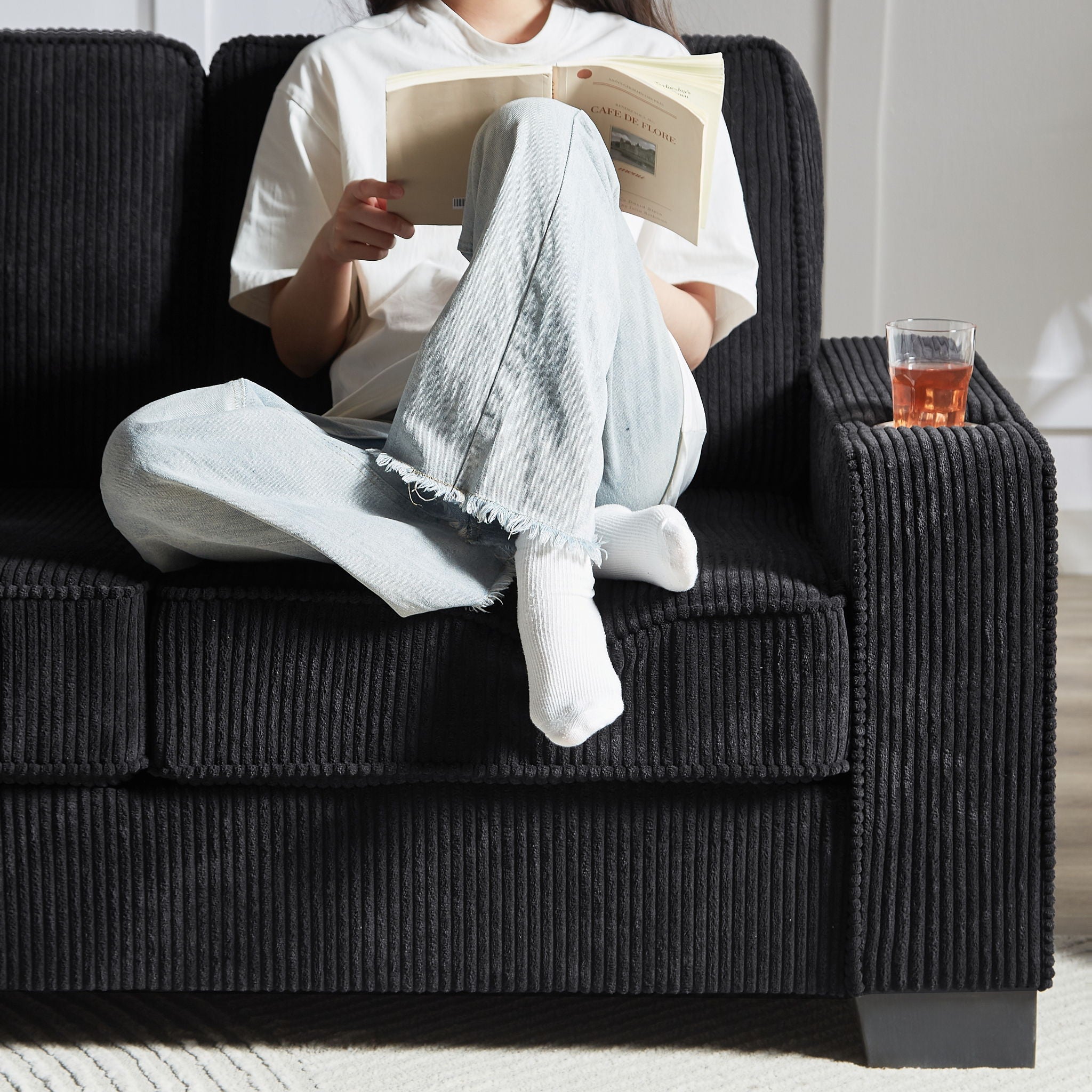 Modern Corduroy Fabric Sofa, 3 Seater Compressed Couch With Cup Holders