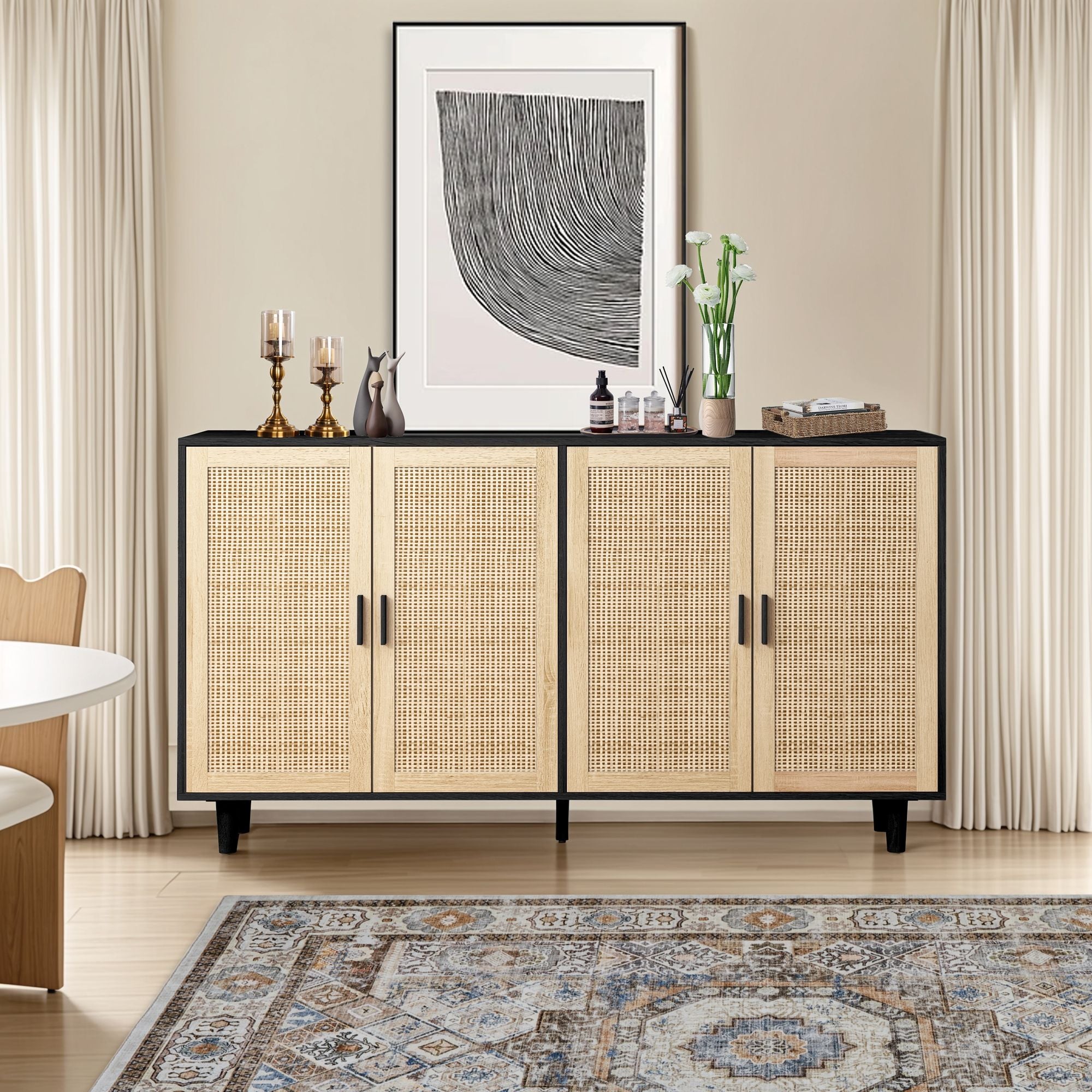 Elegant And Functional 4 Door Rattan Decorative Storage Cabinet