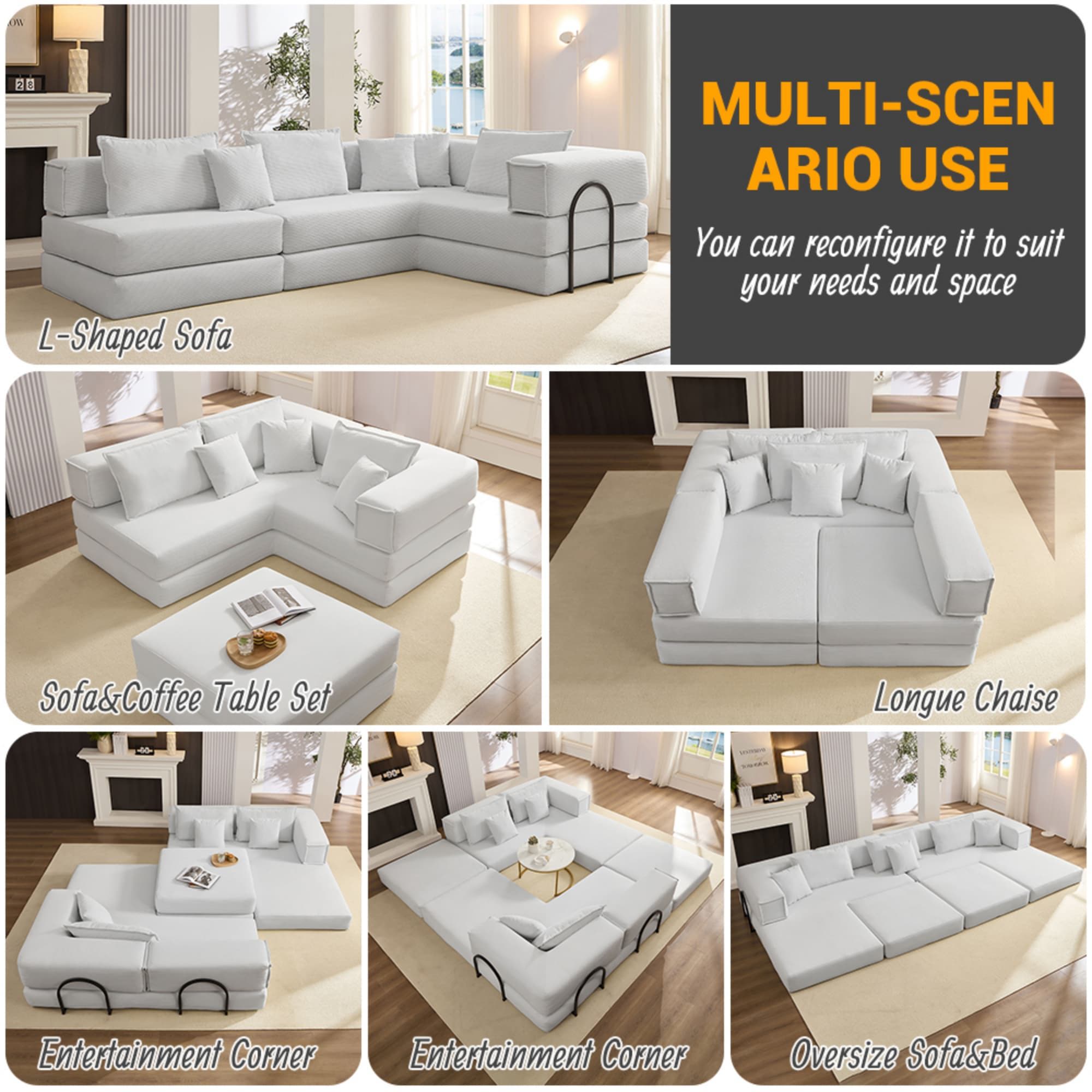 Modular L Shaped Floor Living Room Sofa Set With 6 Pillows
