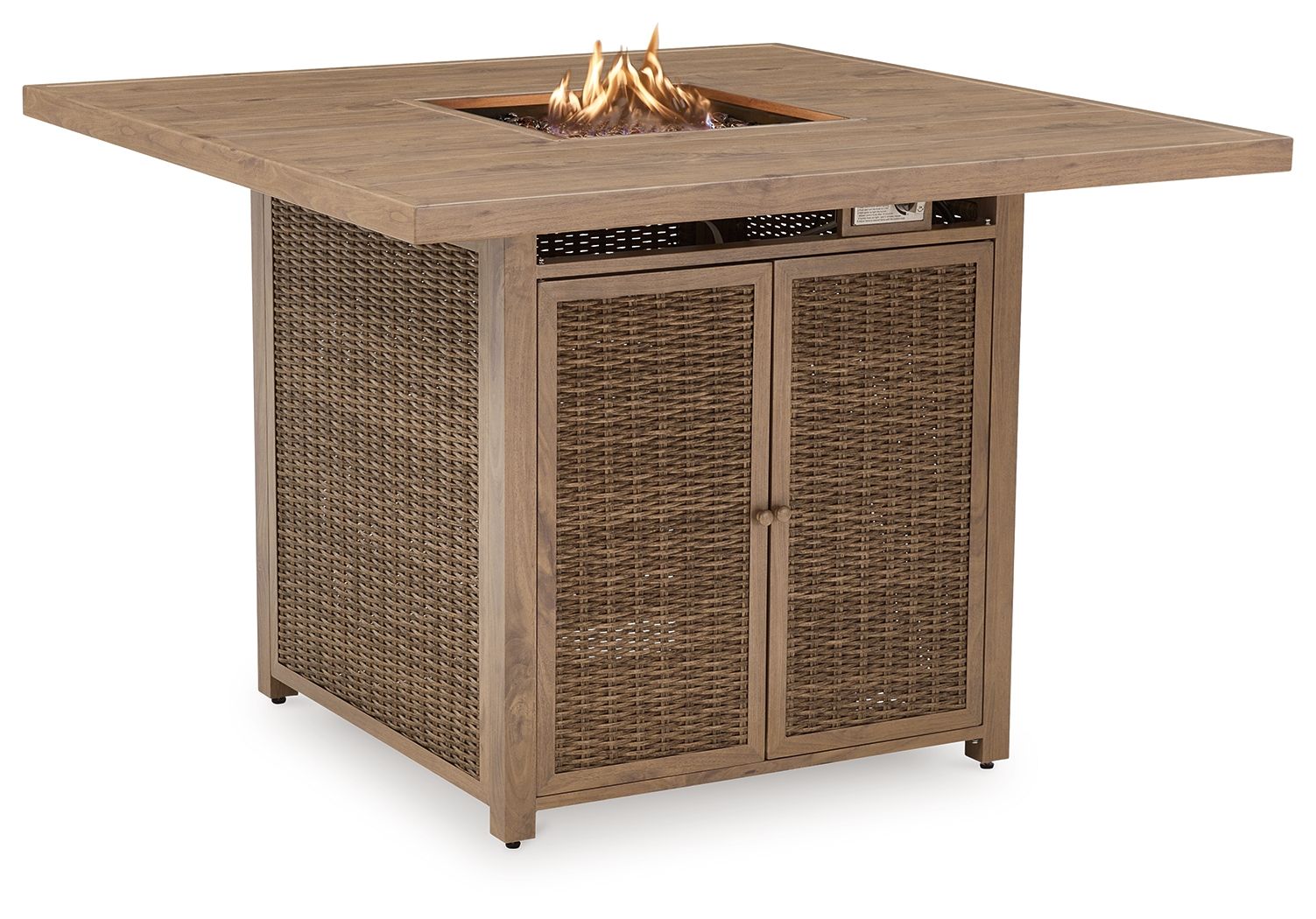 Signature Design by Ashley® Walton Bridge - Driftwood - 5 Pc. - Square Bar Table W/Fire Pit, 4 Barstools | Meri Furniture