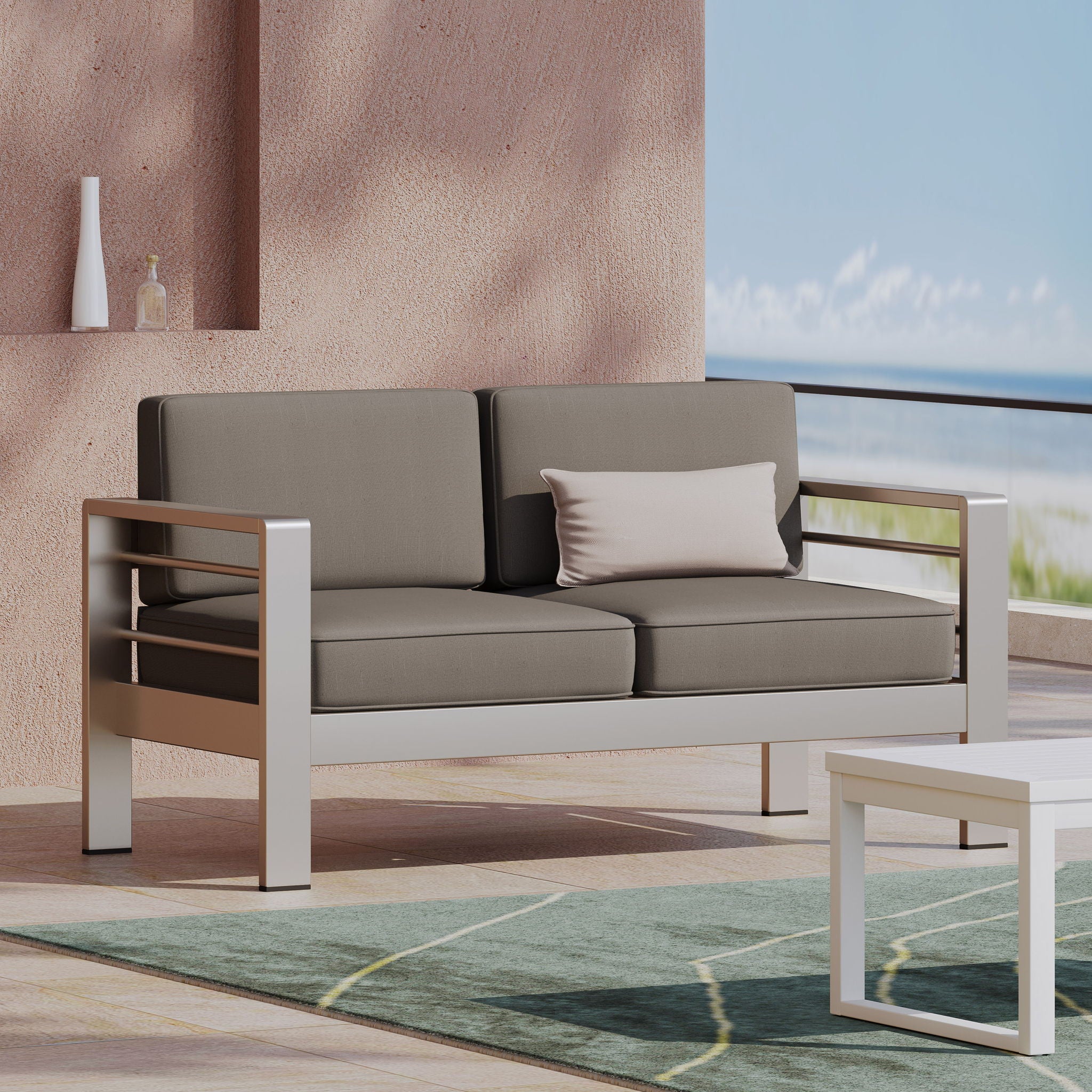 Outdoor Aluminum Loveseat With Cushion - Gray