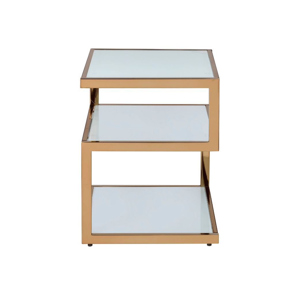 ACME The Alyea occasional table collection its a balancing act of sorts. This unique table is fun and functional, features shelves design. The mix of glass and metal make this a wonderful addition. | Meri Furniture