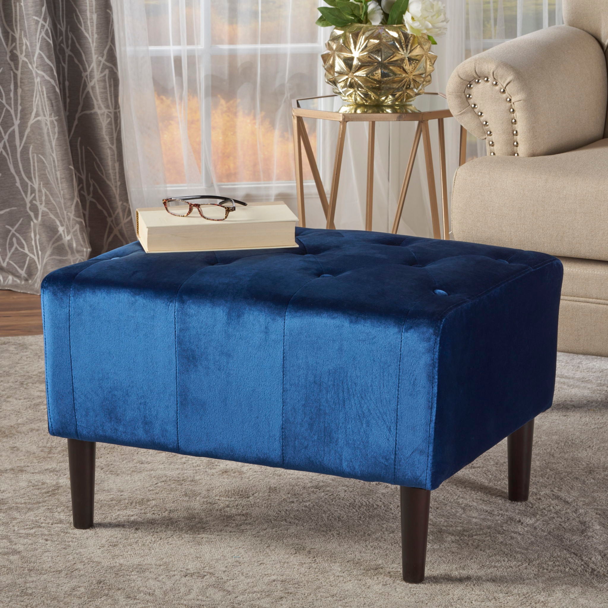 Mid Century Ottoman Velvet With Button Tufting With Birch Wood Legs - Navy Blue