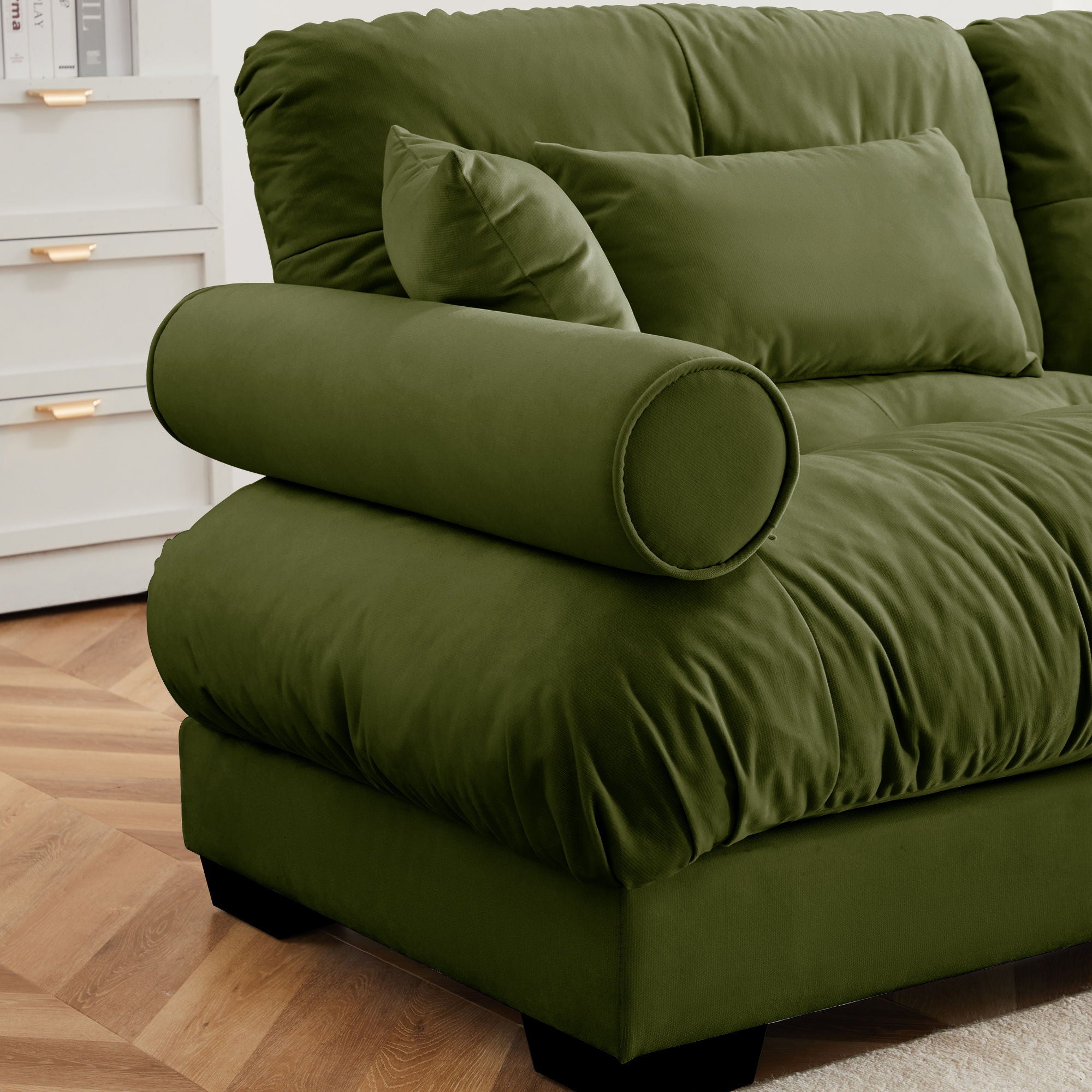 Modern Velvet Sofa With Bolstered Armrests And Pillows