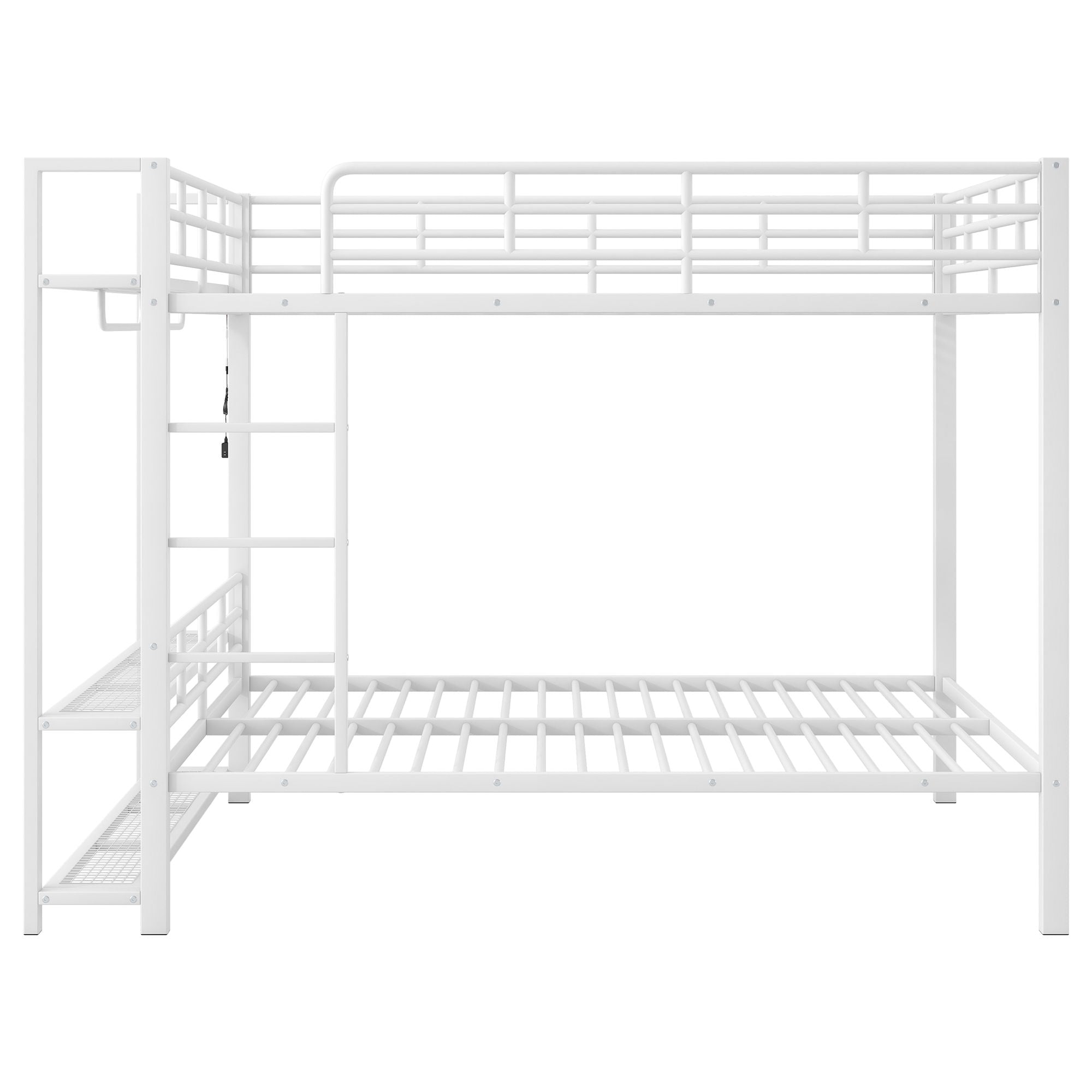Bunk Bed With Storage Mesh Shelves, Clothes Hooks, LED Light