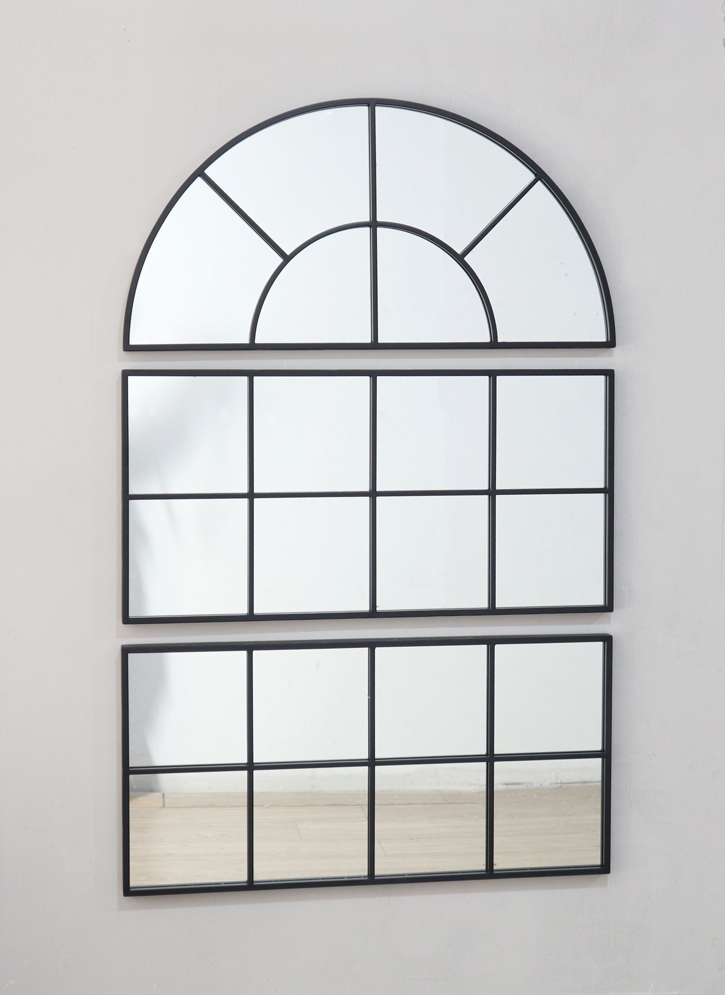 Large Arched Wall Mirror With 3 Separate Sections - Black
