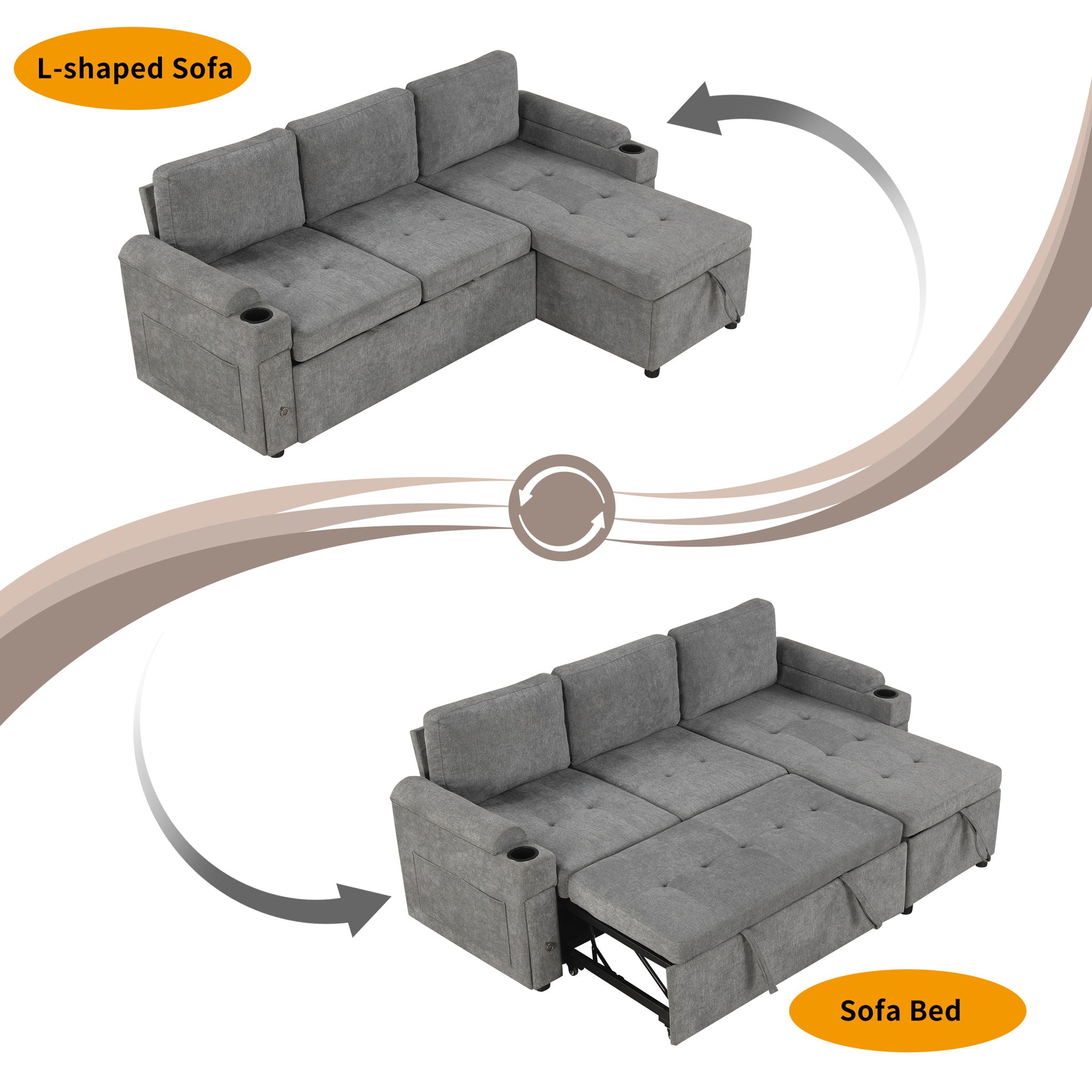 Convertible L Shaped Sofa Couch With Storage, Cup Holders, USB Ports