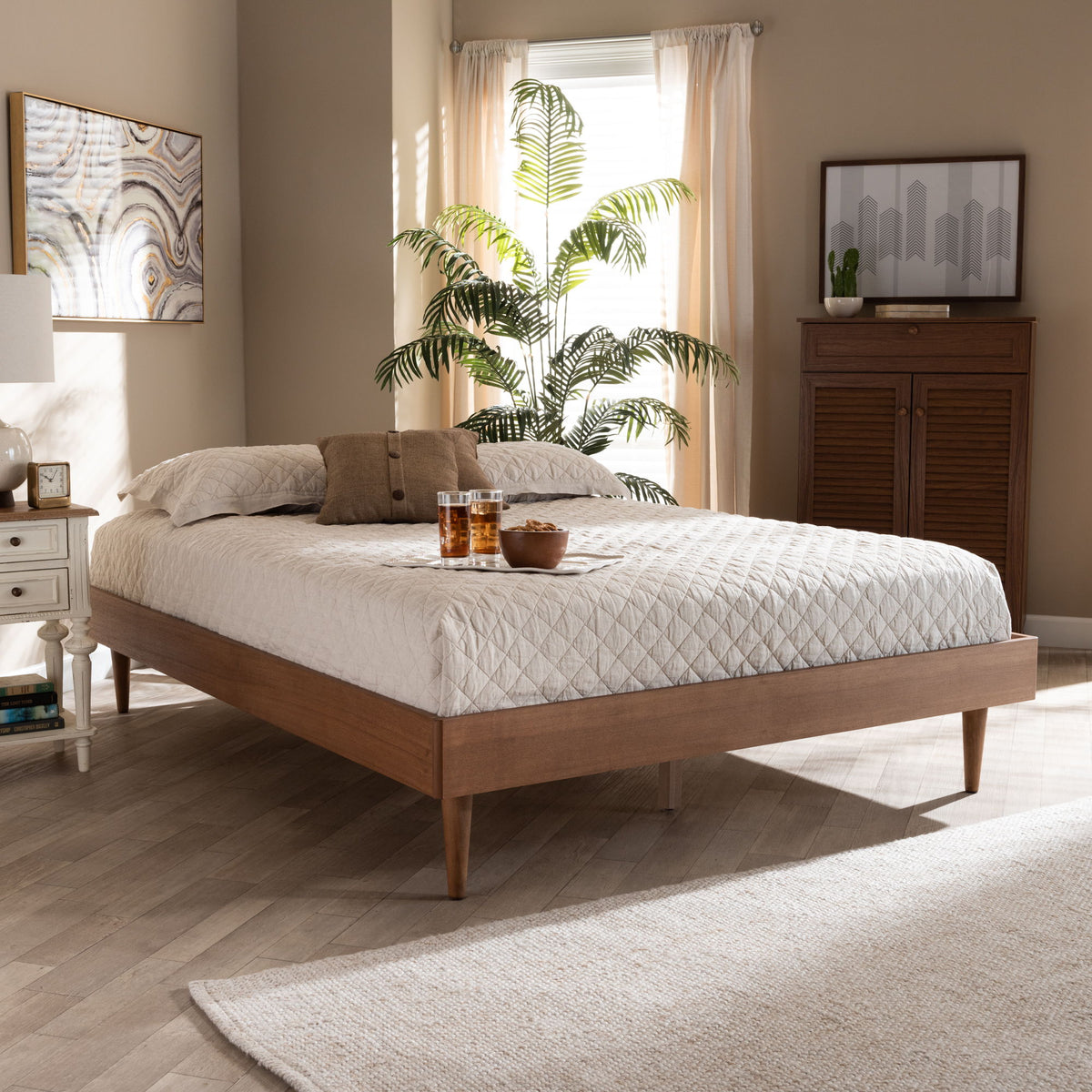 Rina Mid-Century Modern Ash Wanut Finished Full Size Wood Bed Frame