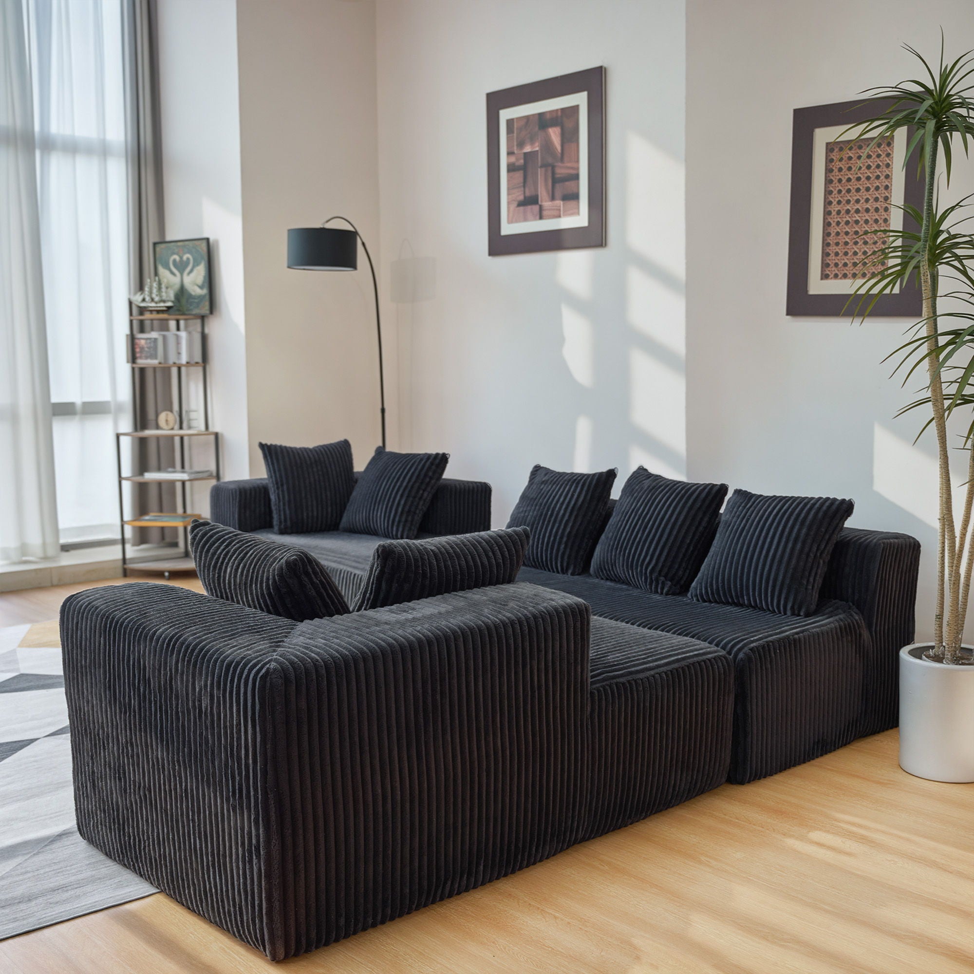 Modular U-Shaped Sectional Sofa, 4 Seater Chaise Lounge With Reversible Design Striped - Black