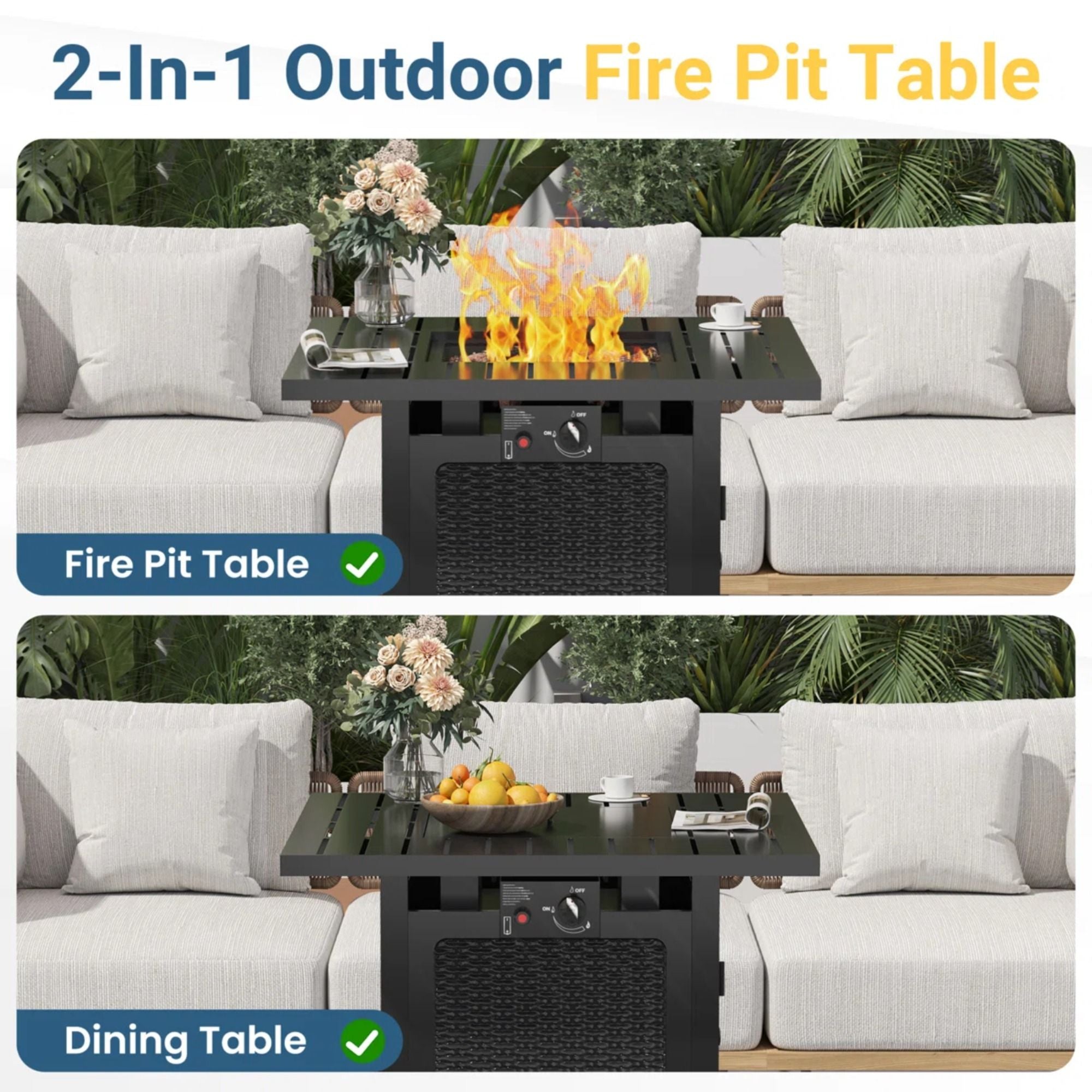 Outdoor 2 In 1 Propane Fire Pit Table With Dual Burners, Lava Rocks And Waterproof Cover - Black