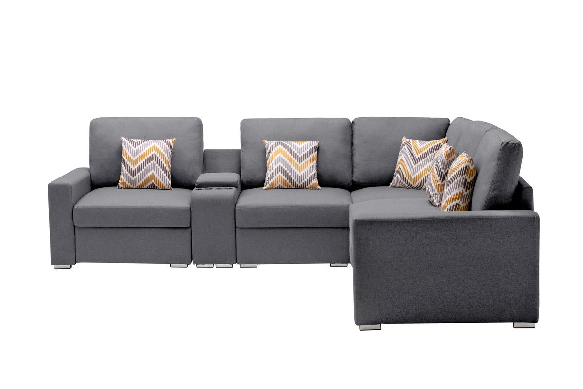 Nolan 106"W Gray Linen Fabric 6Pc Reversible Sectional Sofa with a USB, Charging Ports, Cupholders, Storage Console Table and Pillows and Interchangeable Legs