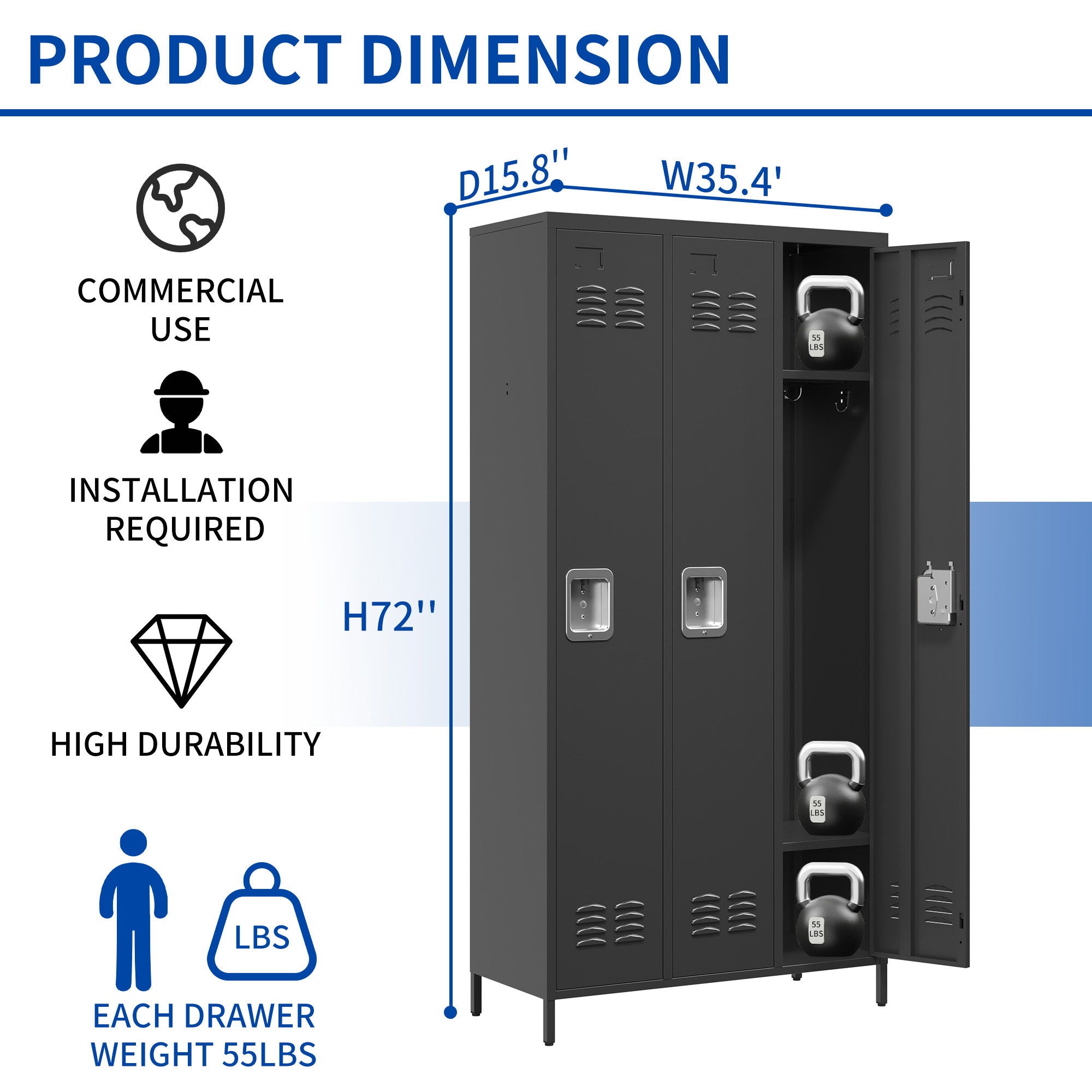 Storage Locker Cabinet With Locks For Employees, Home Gym Office School Garage - Black