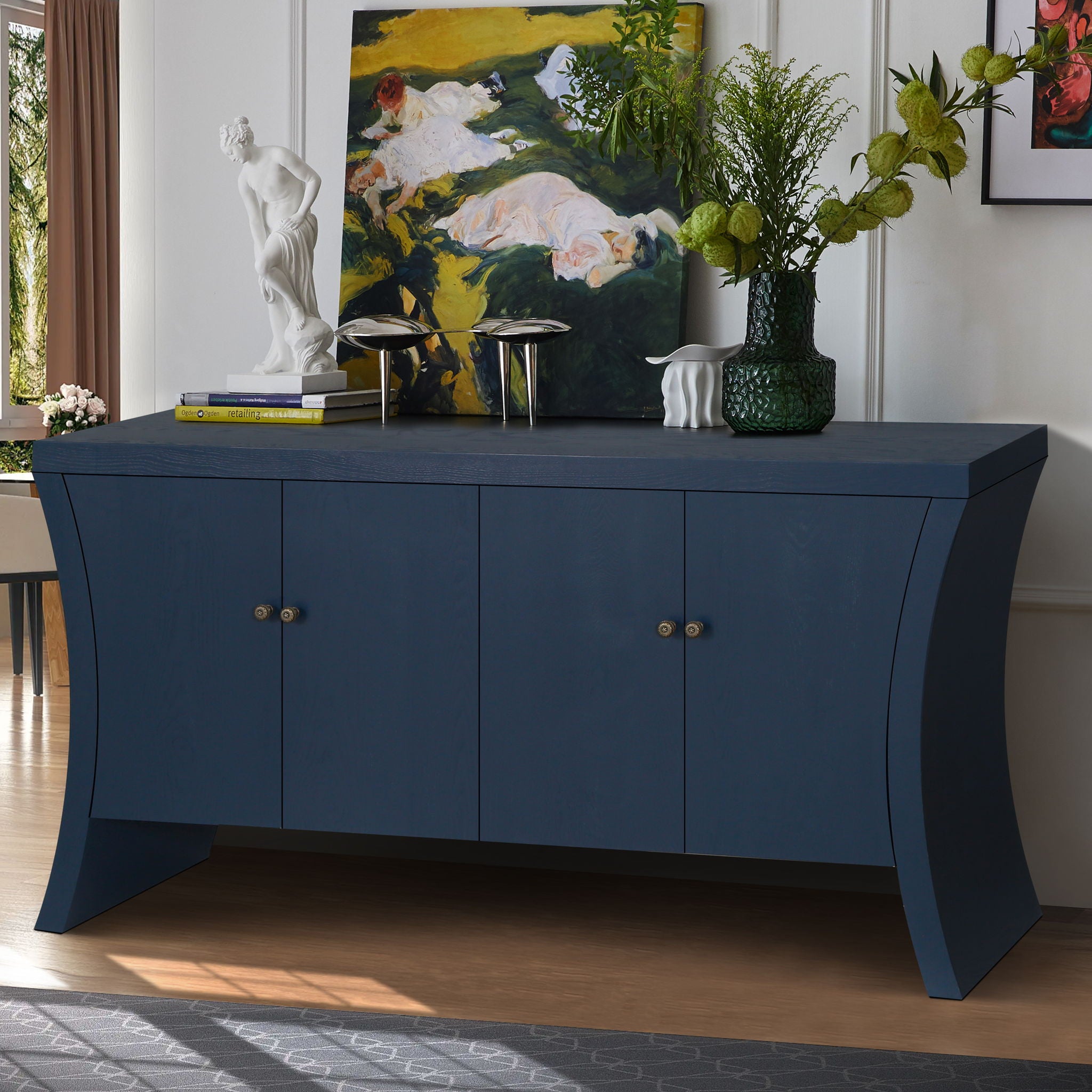 Refined Industrial 4 Door Credenza With Arc Legs & Bronze Clasps