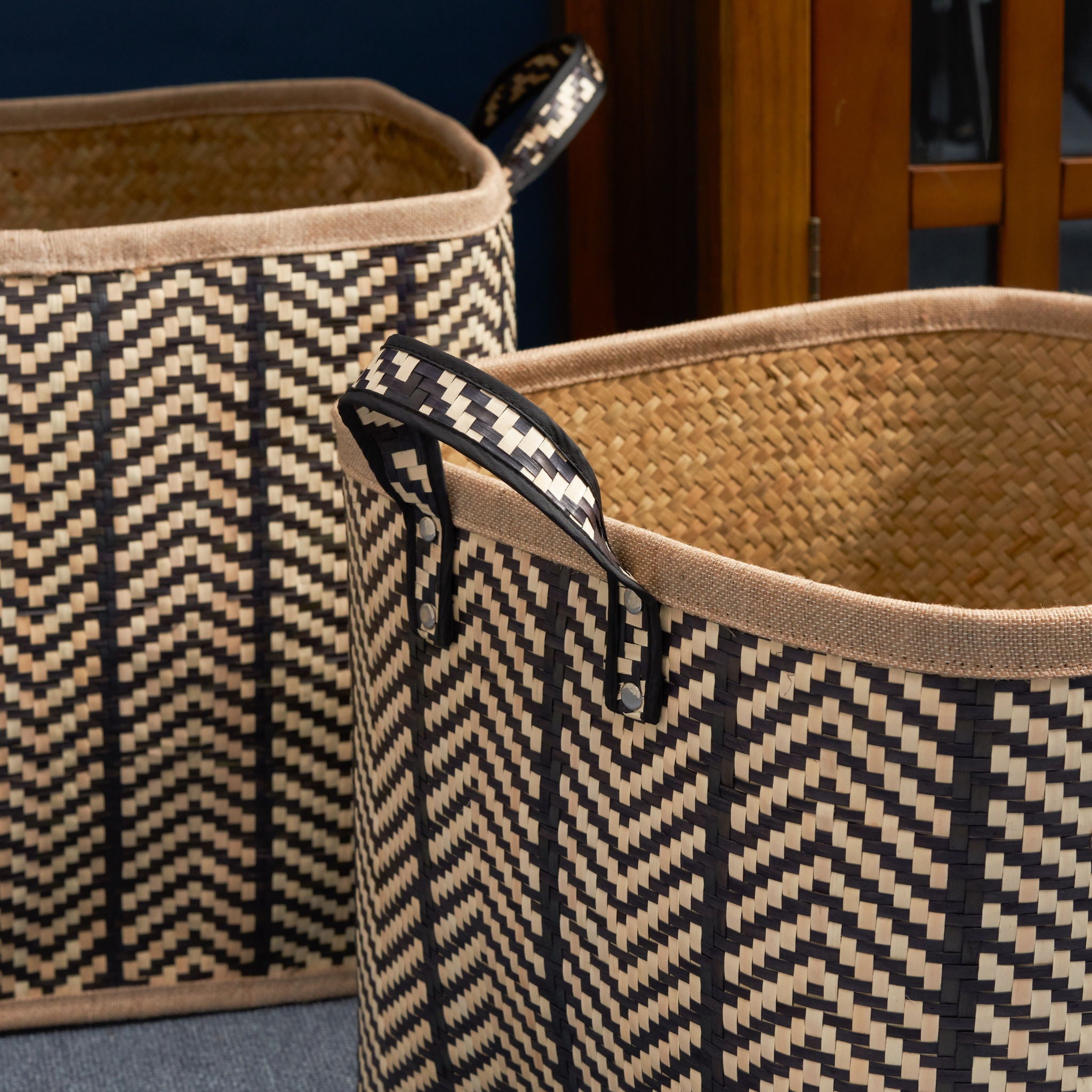 Square Palm Leaf Woven Wicker Storage Basket With Handles (Set of 2) - Back / Brown