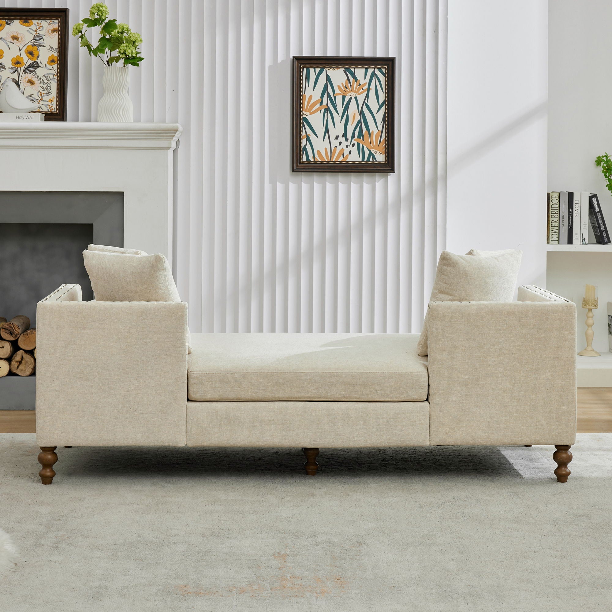 Upholstered Chaise Lounge Indoor With Nailheads, Sleeper Sofa Couch With 4 Throw Pillows & 2 Bolsters, Daybed With Rubberwood Legs