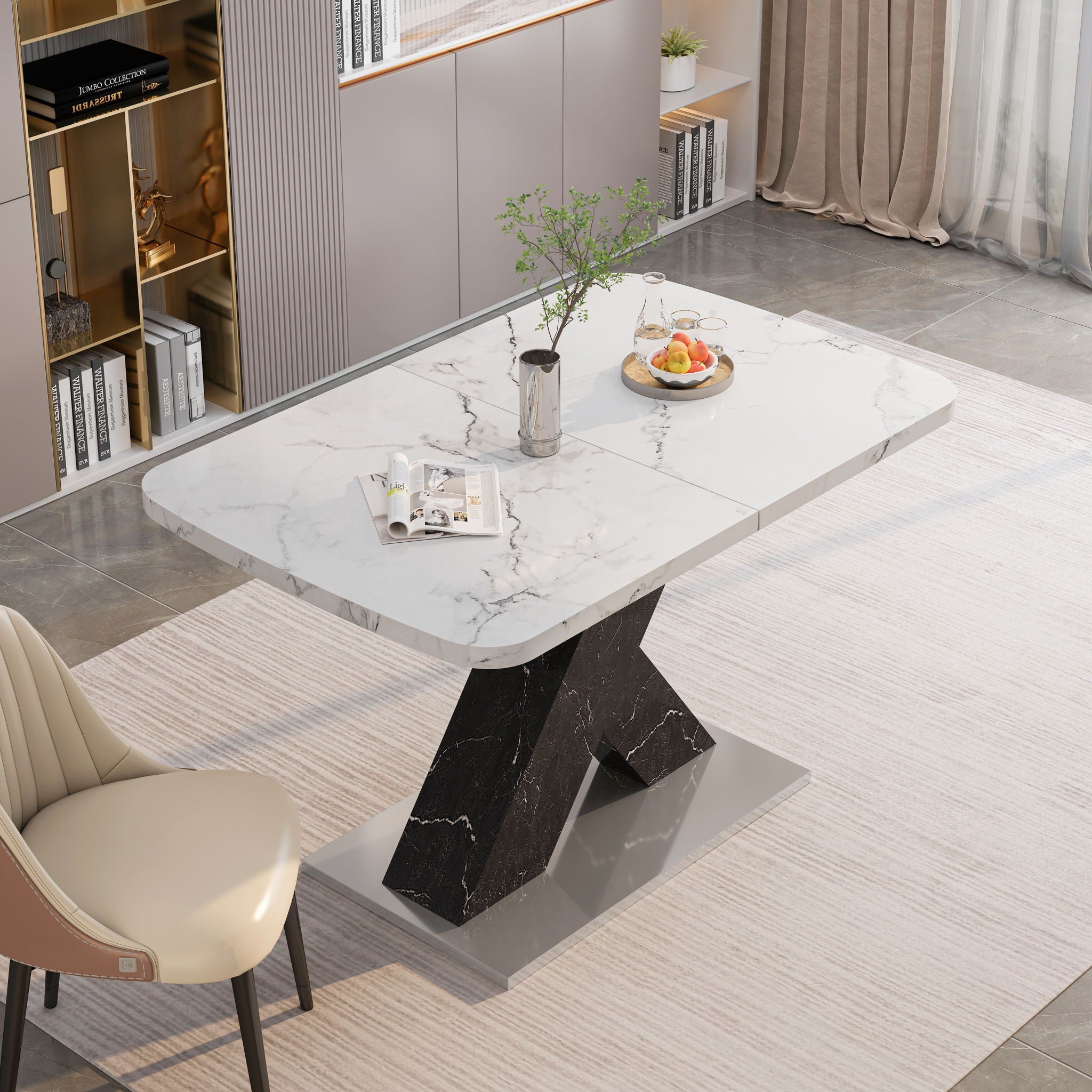 Rectangle Dining Table With Stretchable Top, X Shape Mdf Legs With Steel Base - White / Black