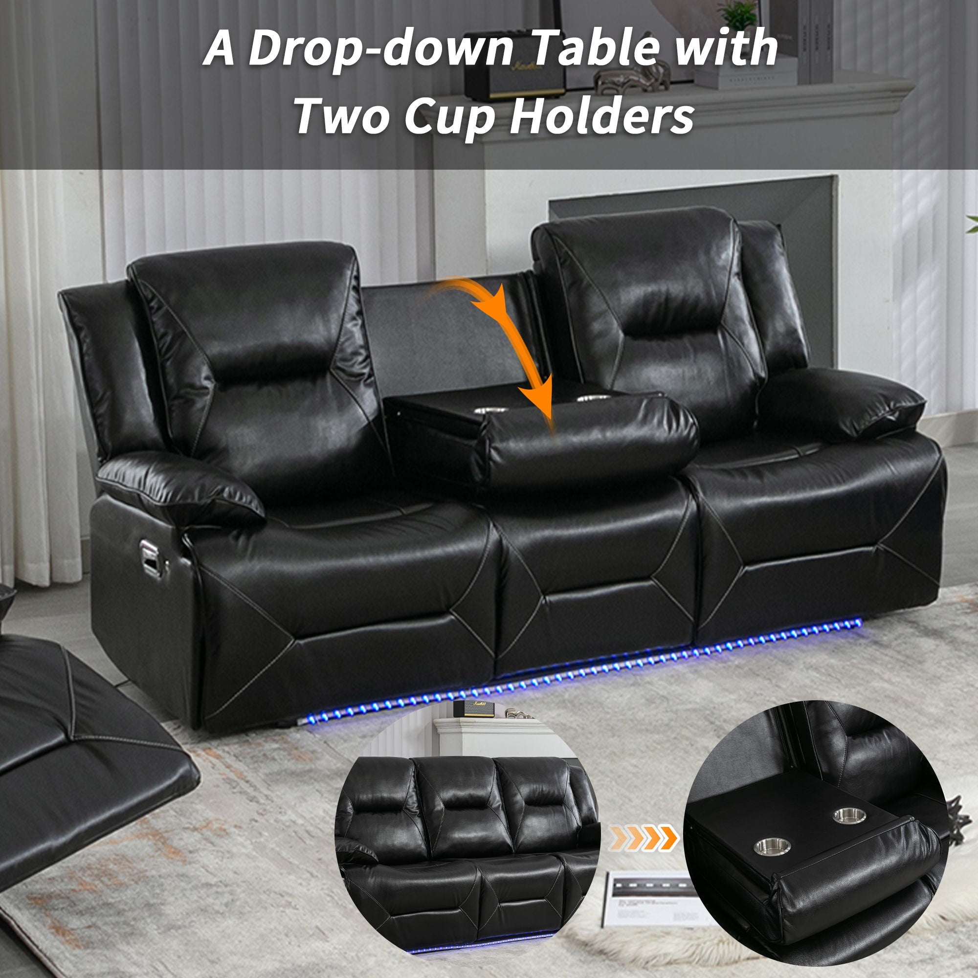 3 Seater Home Theater Recliner Manual Recliner Chair With A LED Light Strip Two Built-In Cup Holders For Living Room