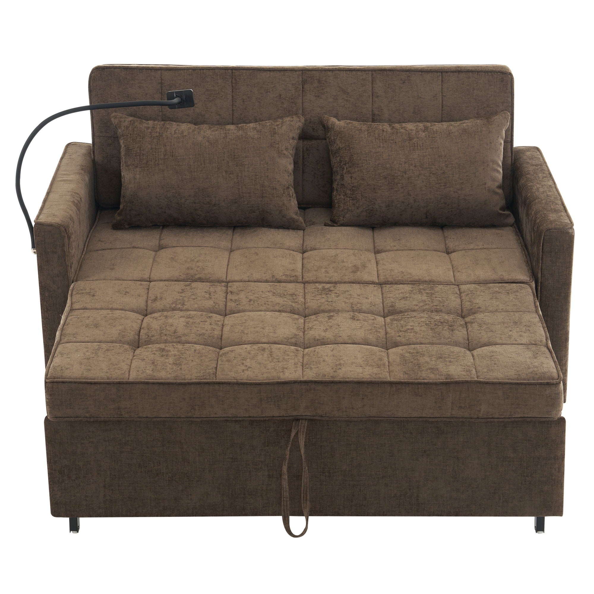 Pull-Out Sleeper Sofa With Reversible Backrest Cushion, Side Pockets, 2 USB Ports And A Phone Holder For Living Room