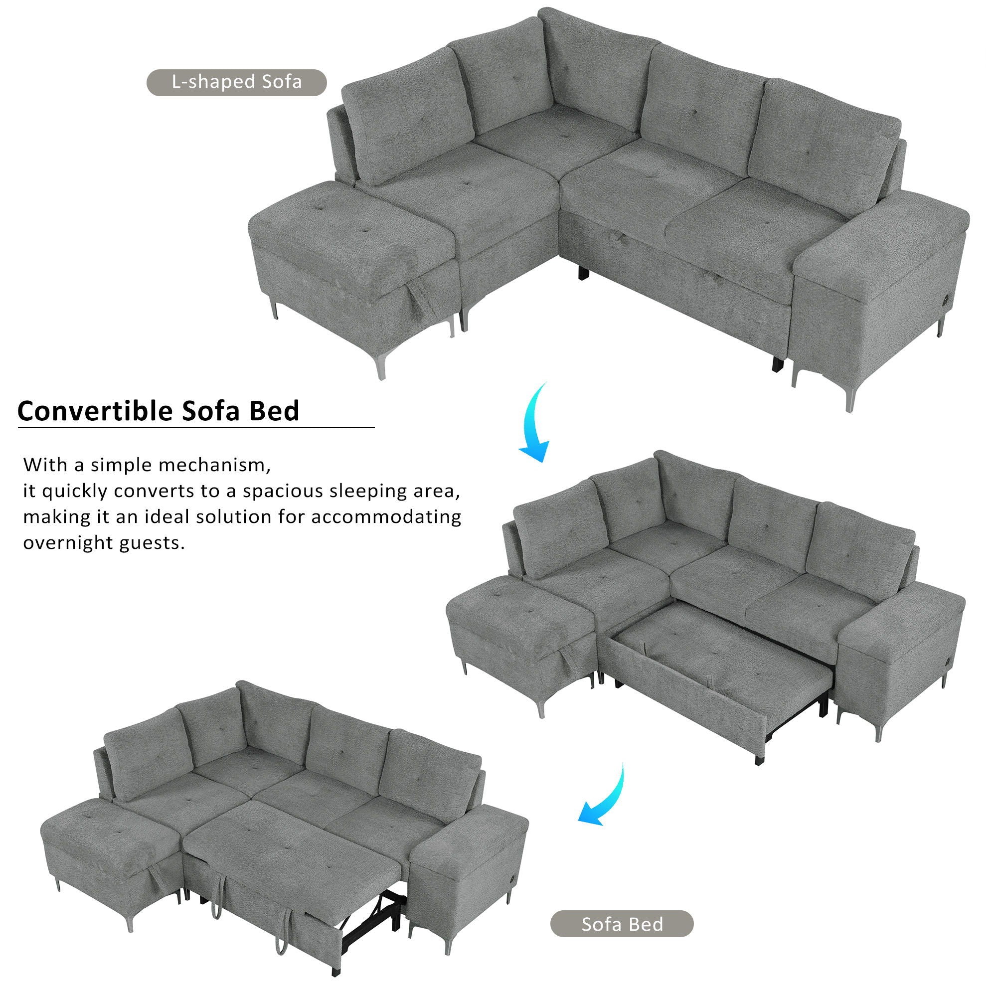 Versatile L Shaped Sofa Bed With Storage, Cup Holders, USB Ports Chenille