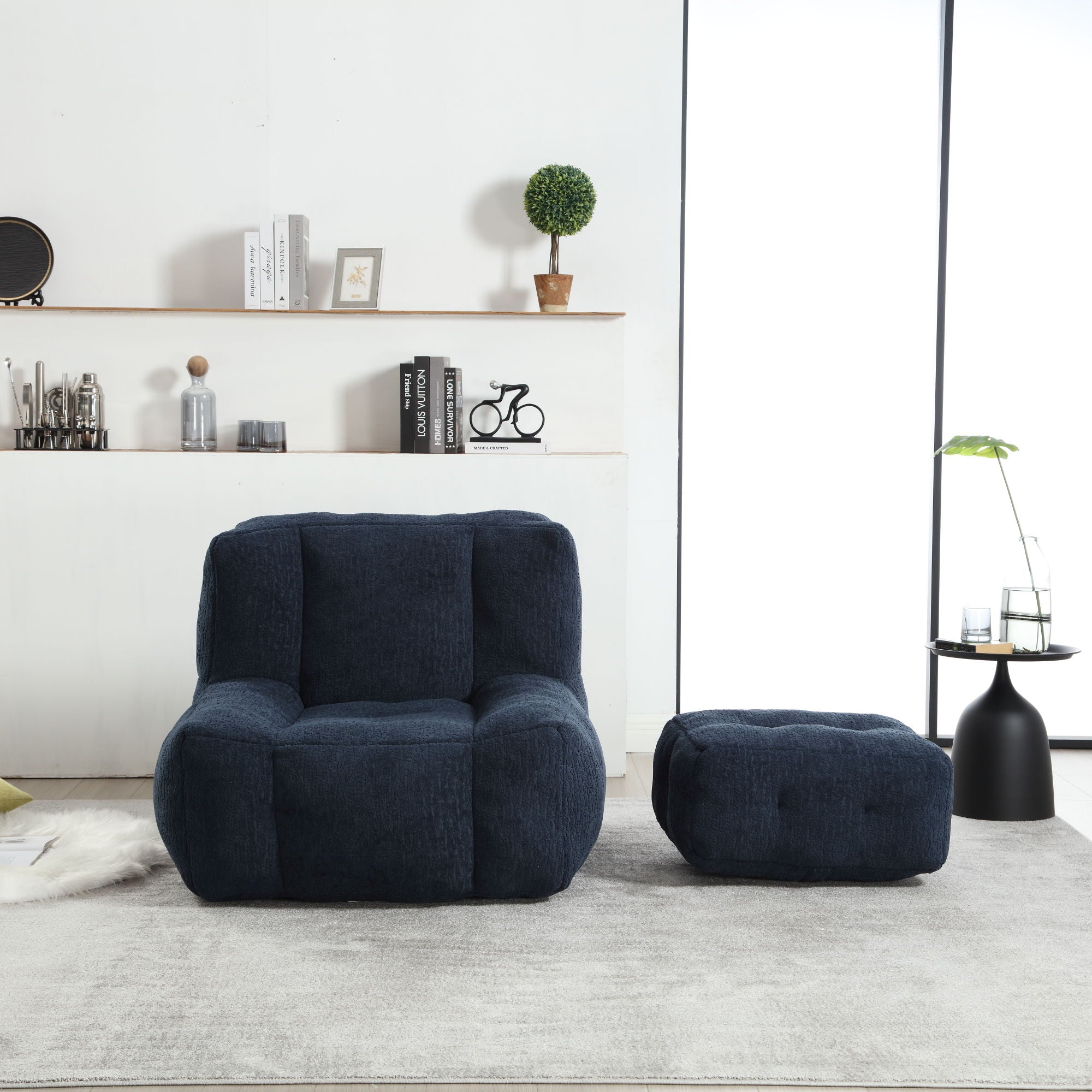 Modern Indoor Fluffy Bean Bag Chair With Memory Foam And Ottoman, Super Soft