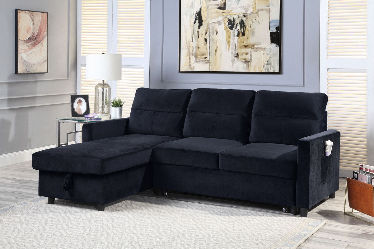 Ivy 81.5"W Black Velvet Reversible Sleeper Sectional Sofa with Storage Chaise and Side Pocket