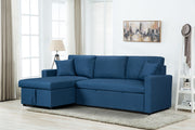 Paisley 82"W Blue Linen Fabric Reversible Sleeper Sectional Sofa with Storage Chaise