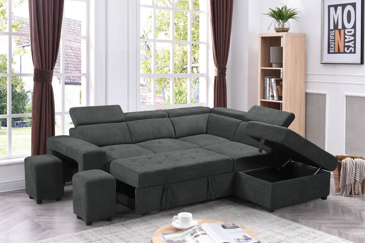 Henrik 97"W Dark Gray Sleeper Sectional Sofa with Storage Ottoman and 2 Stools