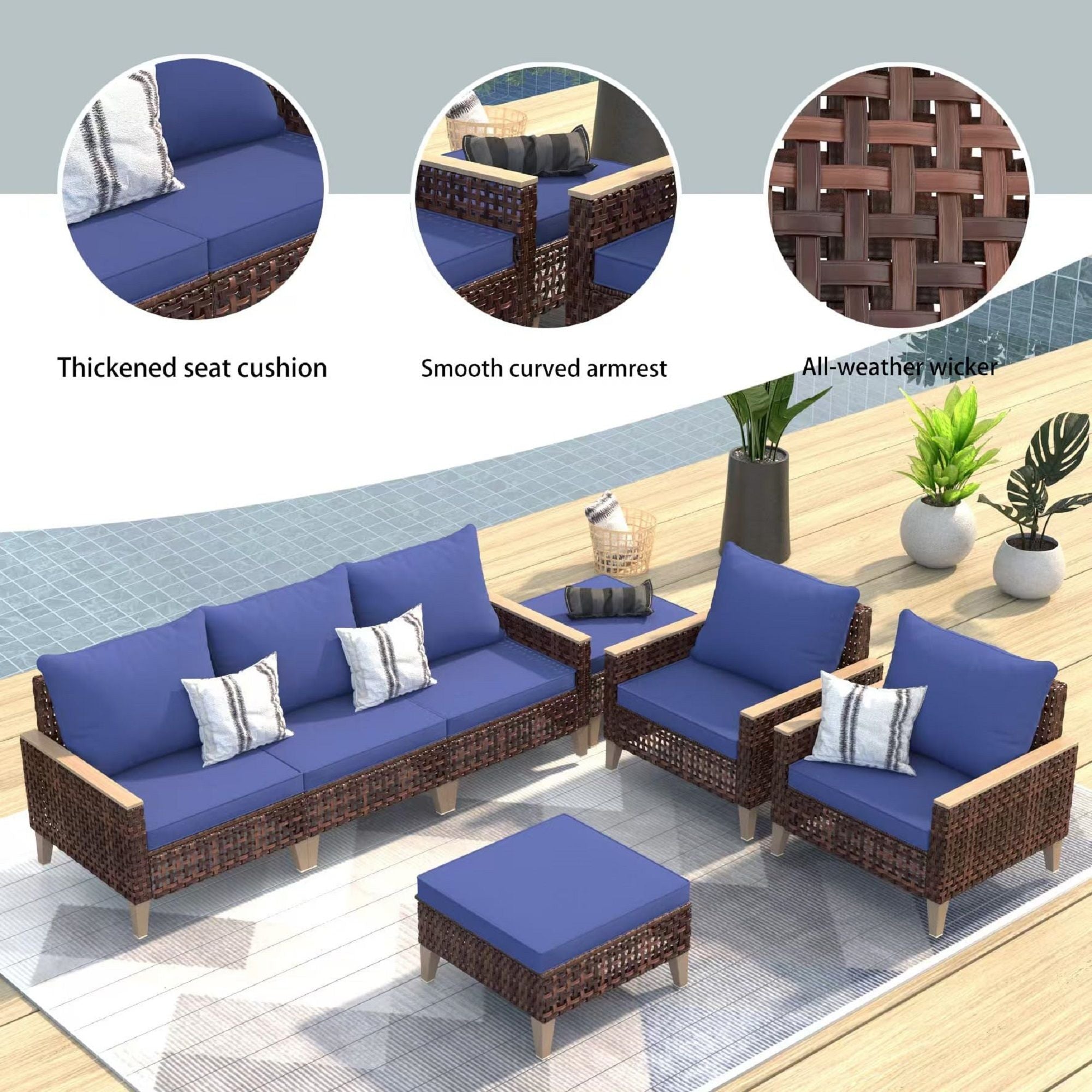 7 Pieces Patio, Wicker Dining Set With Removable Cushions Cotton And Rattan - Blue