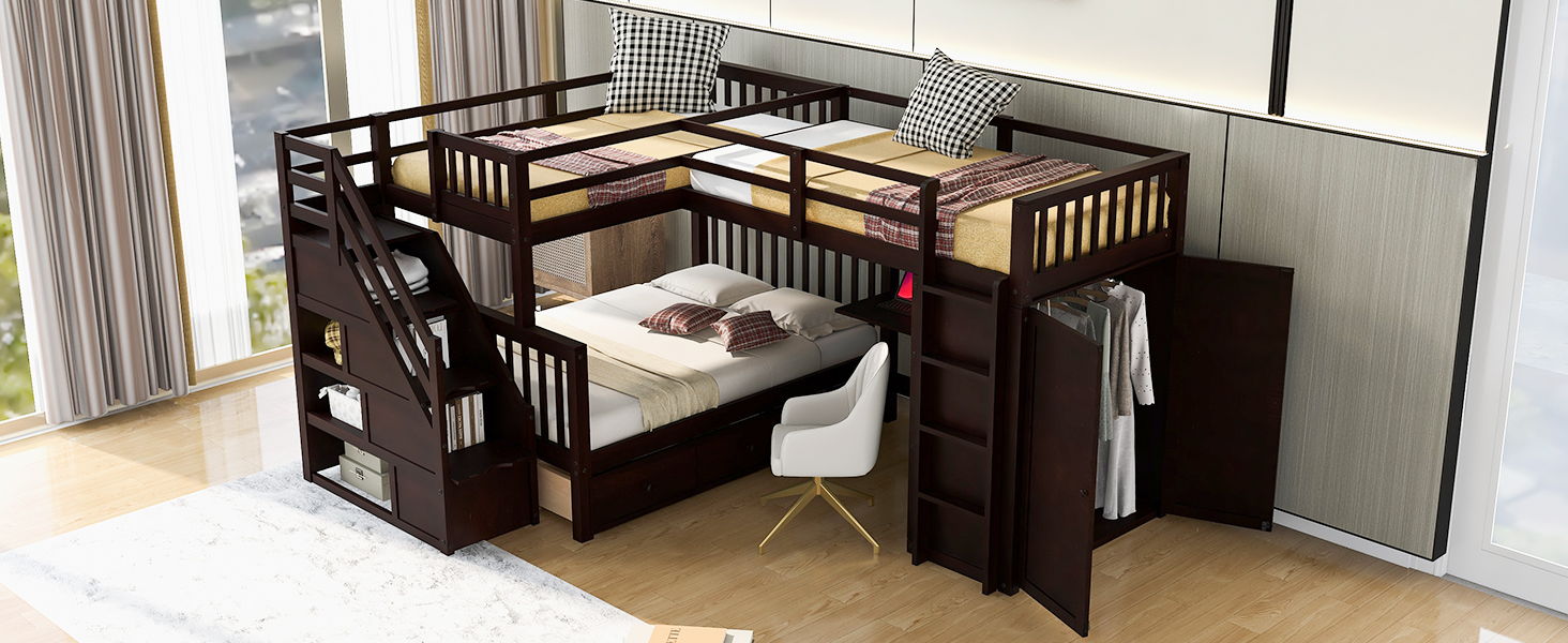 L Shaped Bunk Bed With 3 Drawers, Portable Desk And Wardrobe