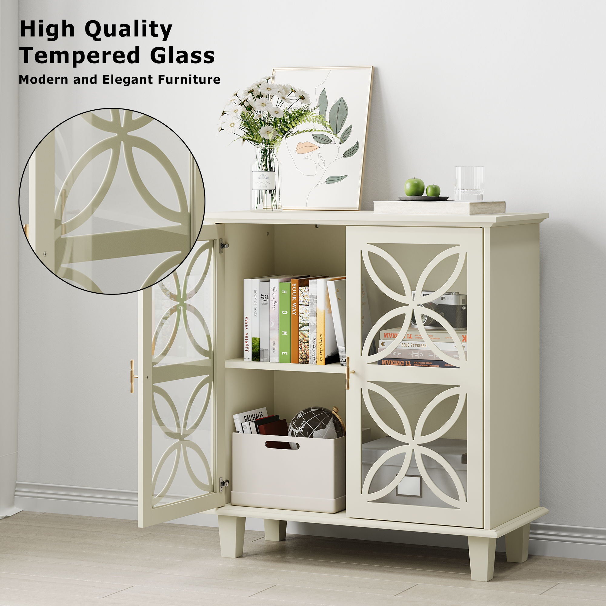 Modern Retro Sideboard Buffet Storage Cabinet With Adjustable Shelves And Tempered Glass Doors - Cream Color