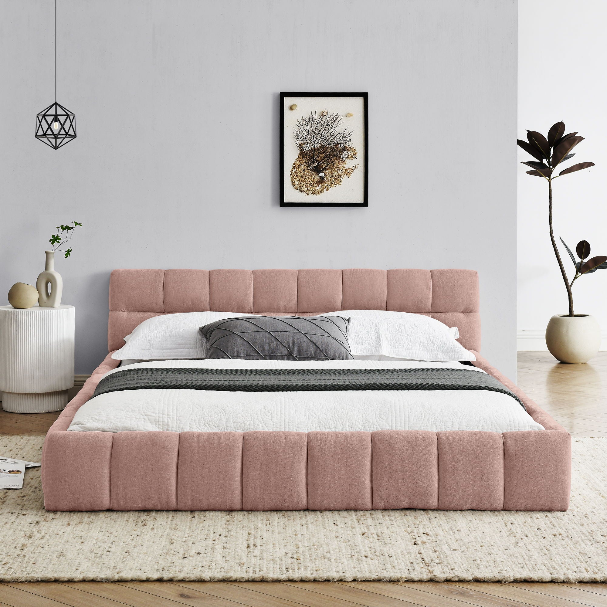 Modern Platform Bed Frame With Thick Chenille Fabric