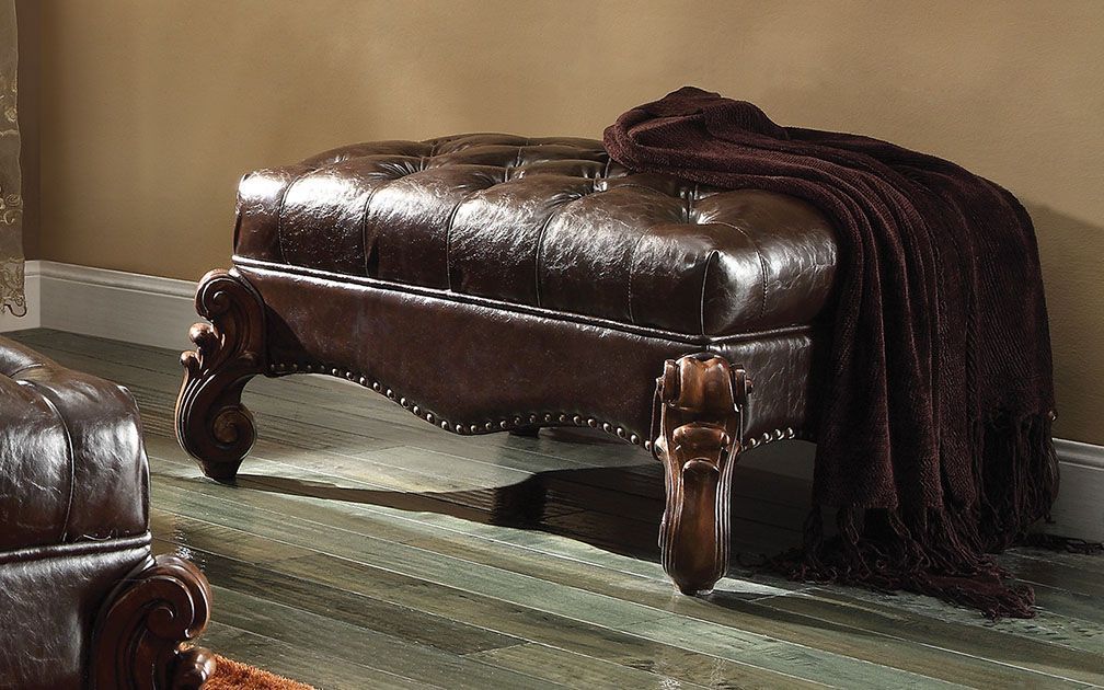 ACME Versailles - Ottoman - 2-Tone Dark Brown PU & Cherry Oak | Meri Furniture