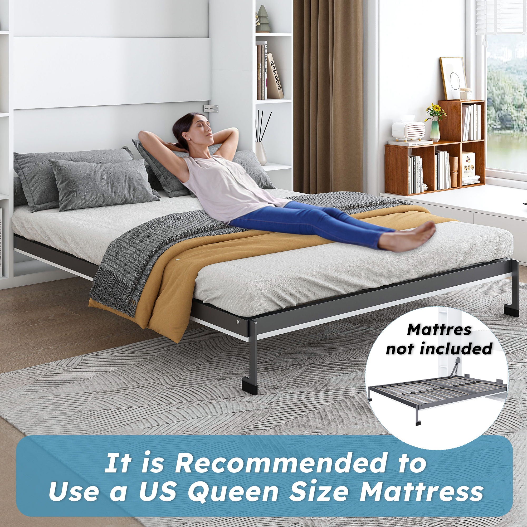 Queen Murphy Bed With Storage Cabinet - White