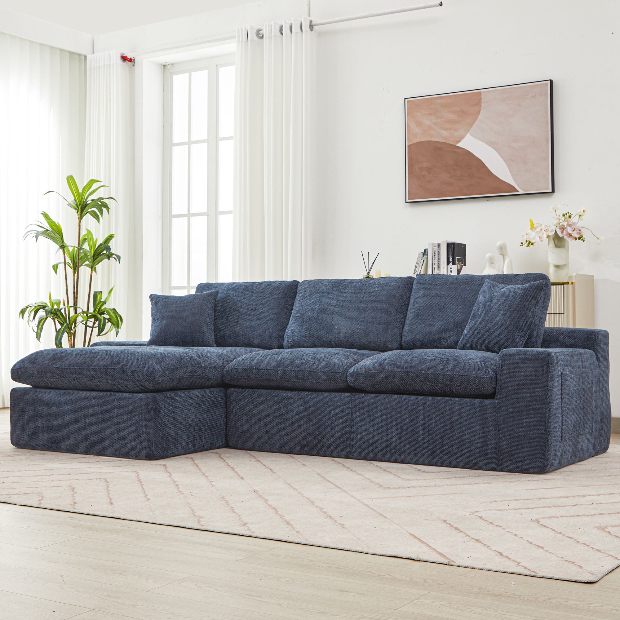 Cloud Sectional Sofa With Double Layer Cushion And Side Pockets, Free-Combined