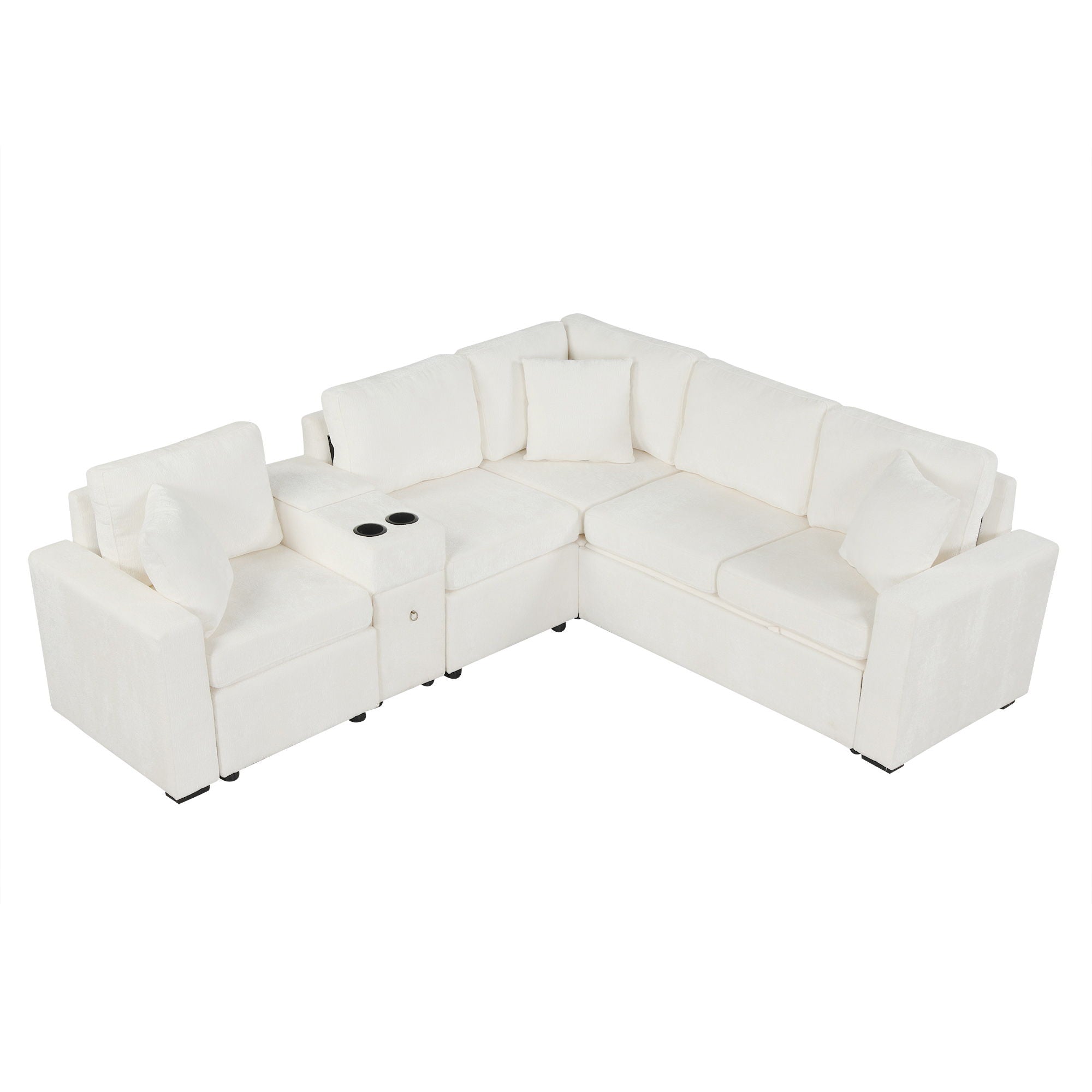 Contemporary L Shaped Convertible Sofa Bed With Pull Out Bed, Cup Holders, And Storage