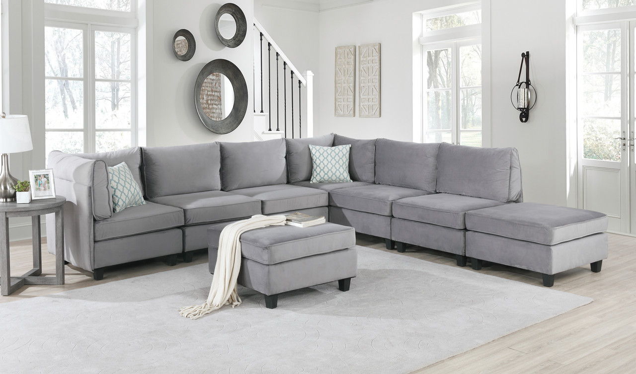 Simona 120"W Gray Velvet 8Pc Modular Sectional Sofa
