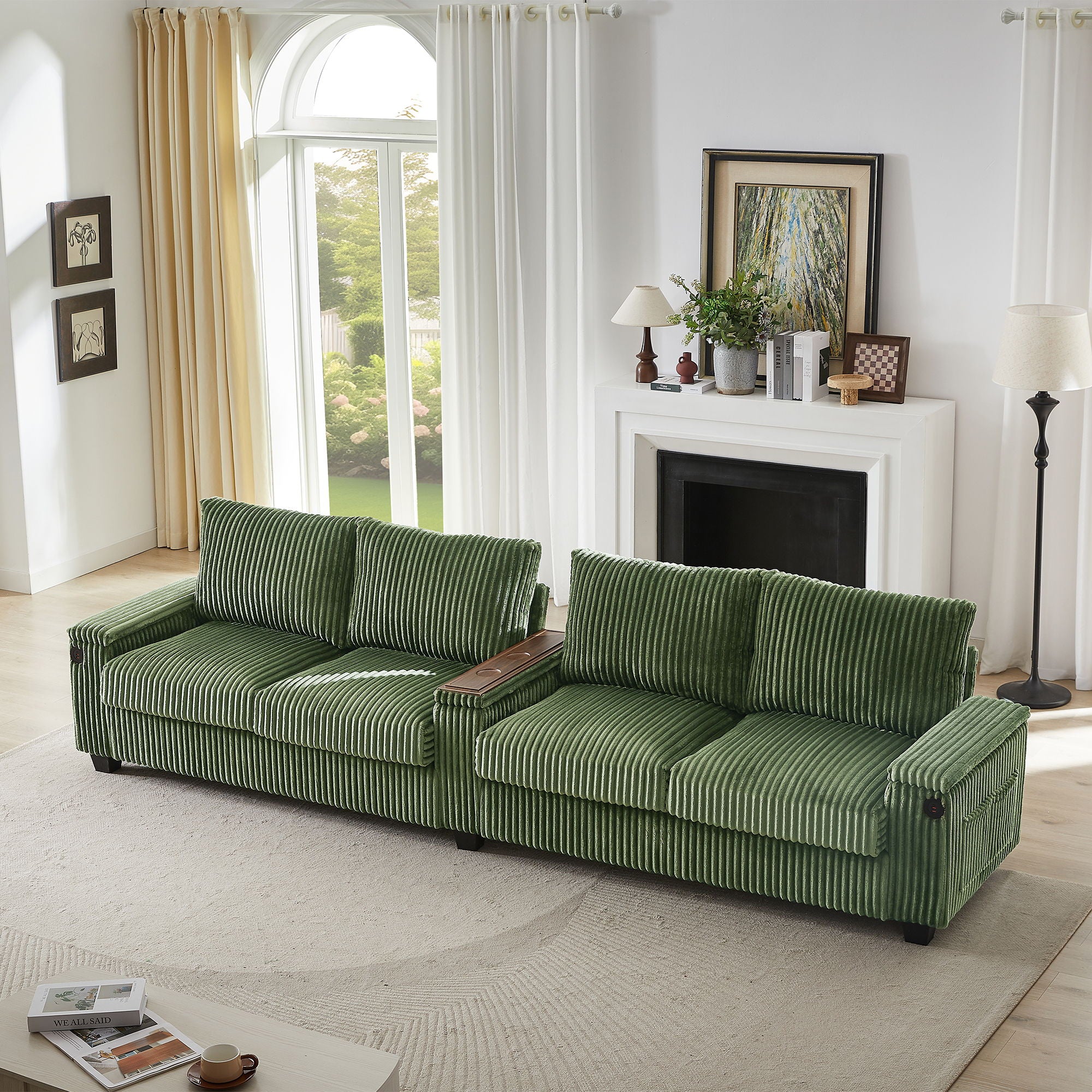Modern 4 Seater Corduroy Sofa Couch With USB Ports And Hidden Storage