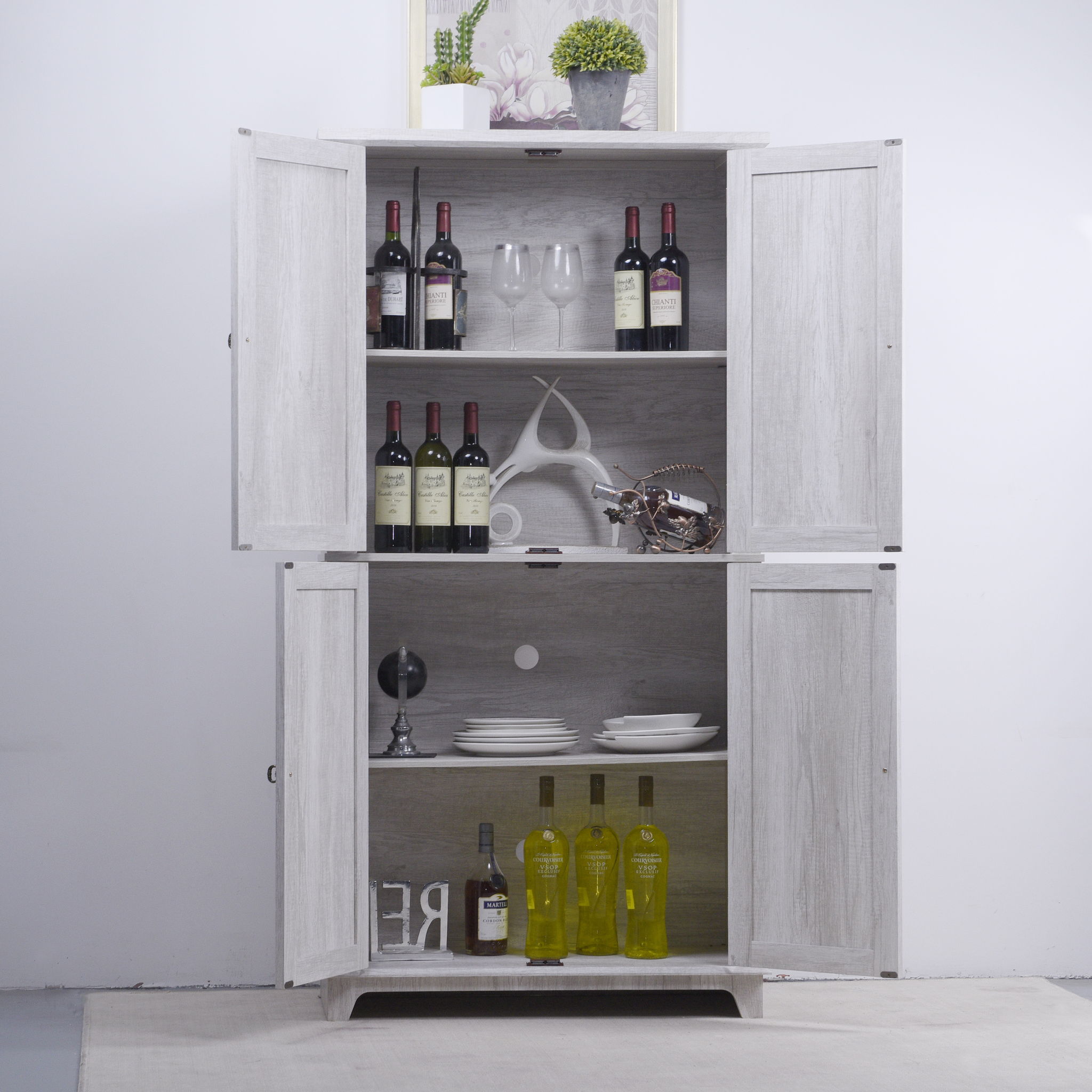 Modern Sideboard Buffet With 4 Mirrored Doors, Adjustable Shelves