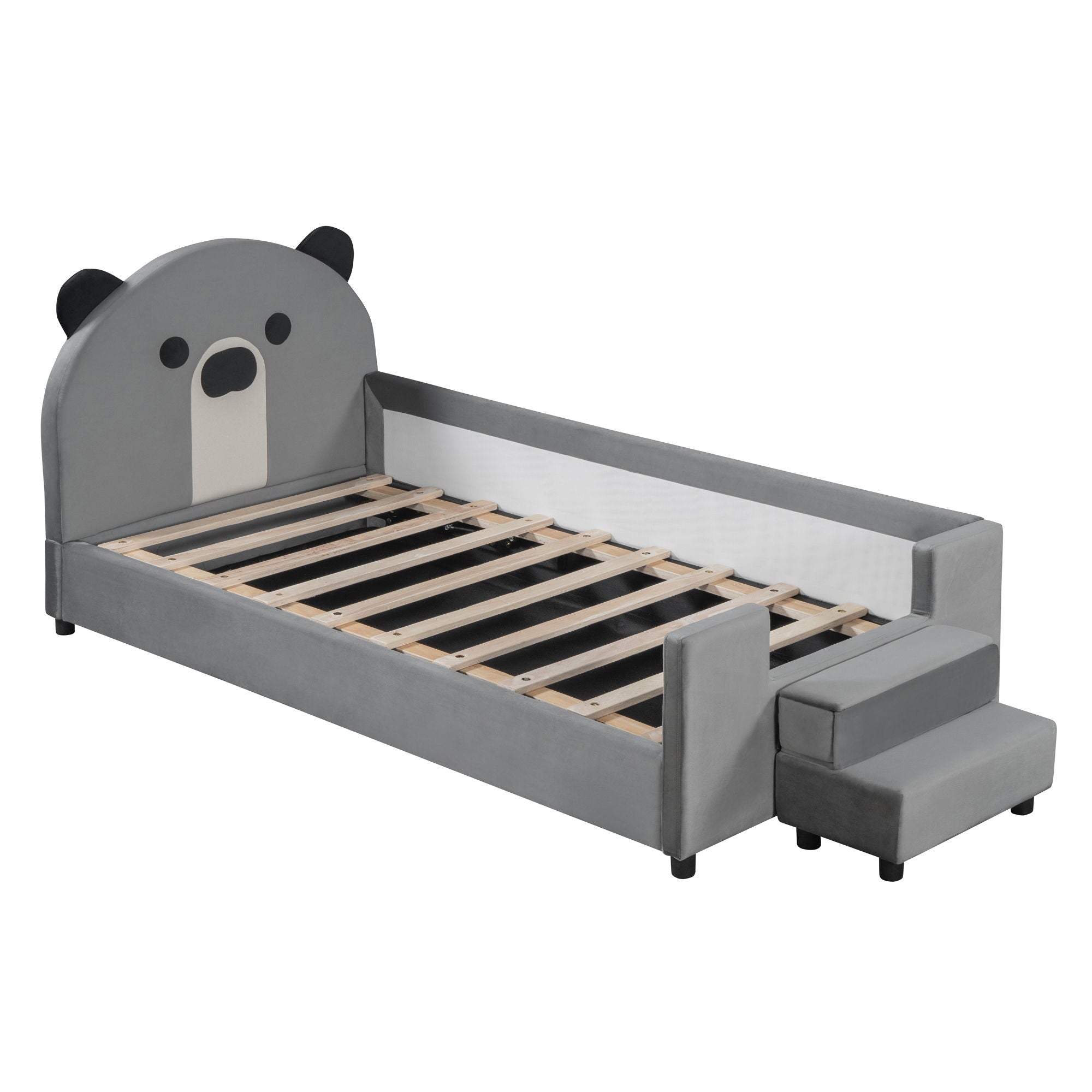 Upholstered Daybed With Bear Shaped Headboard, Hydraulic System And Breathable Mesh Fence