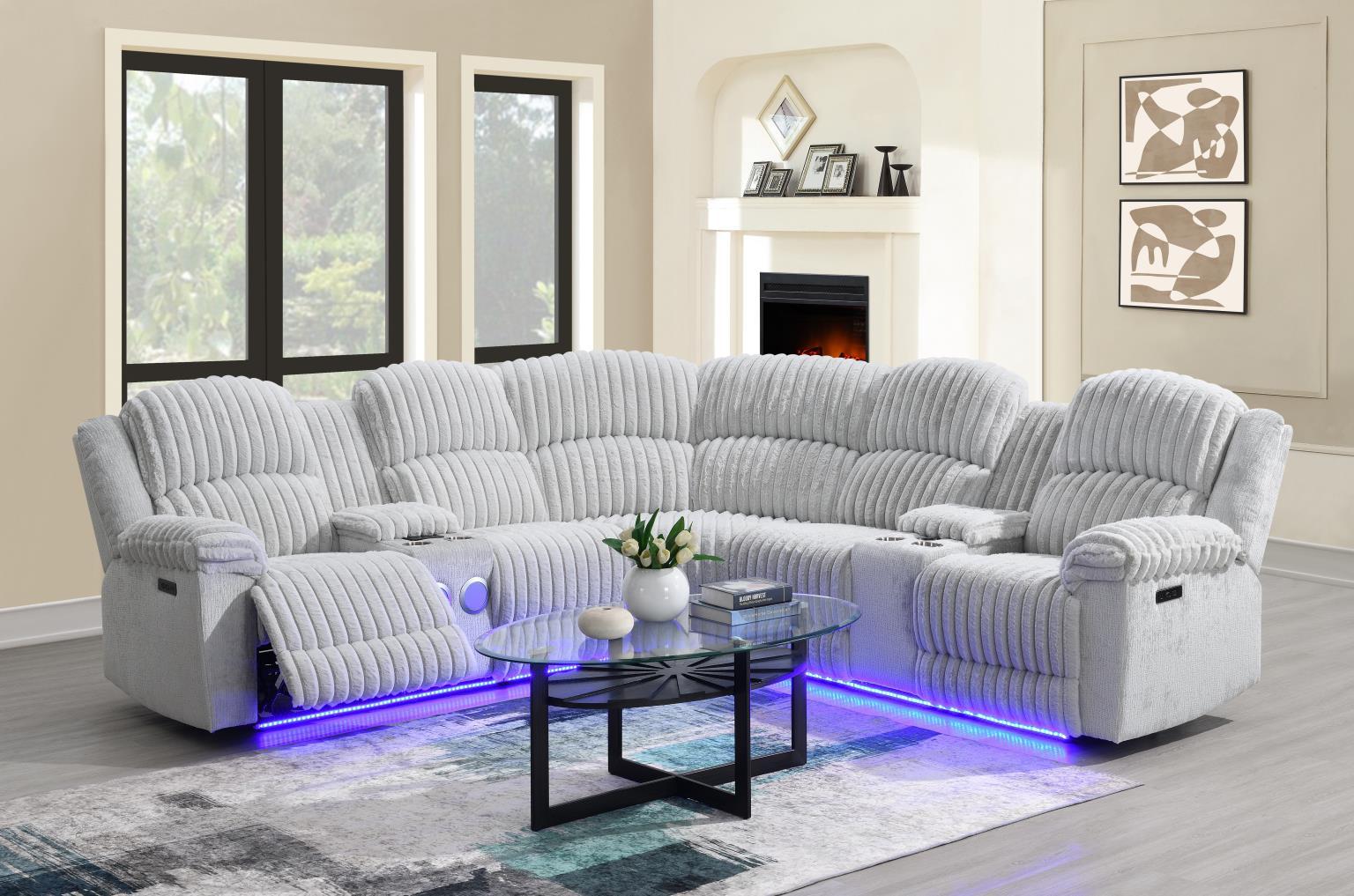U61 - Corduroy Power 3 Piece Sectional With Bluetooth Speaker, And Wireless Charger - Gray