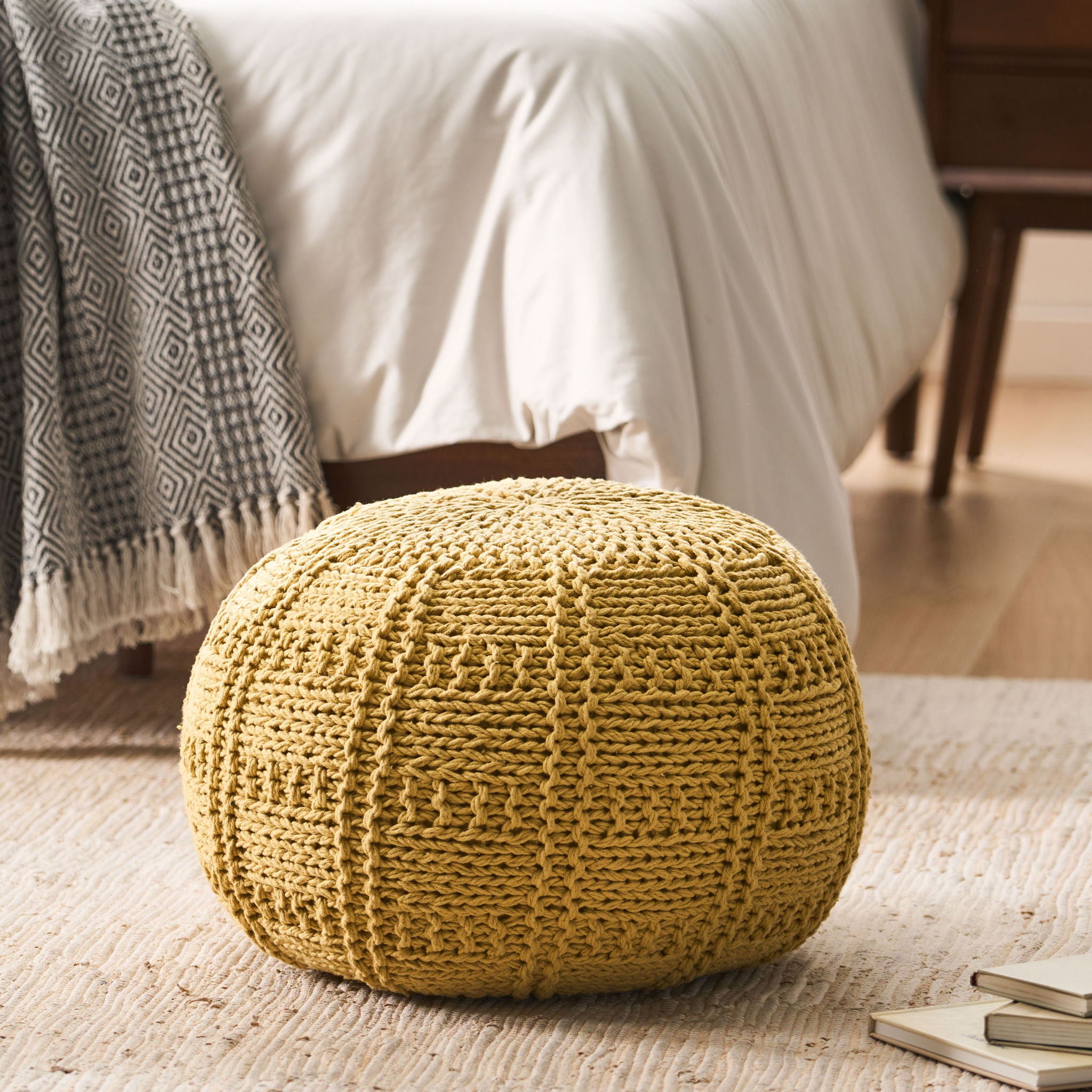 Yuny - Knitted Cotton Round Pouf With Modern Design - Yellow