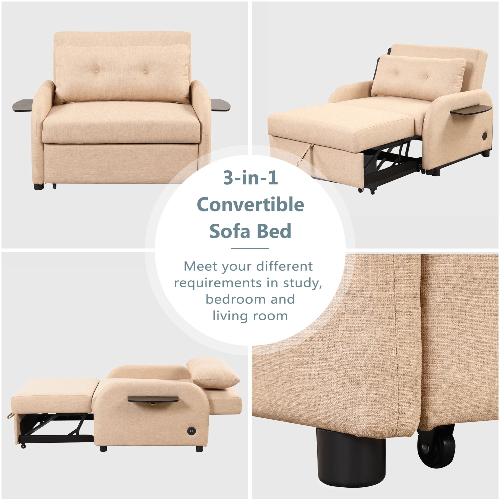 Versatile Pull Out Sofa Sleeper 3 In 1 With Wing Table & USB Charge, Compact Design