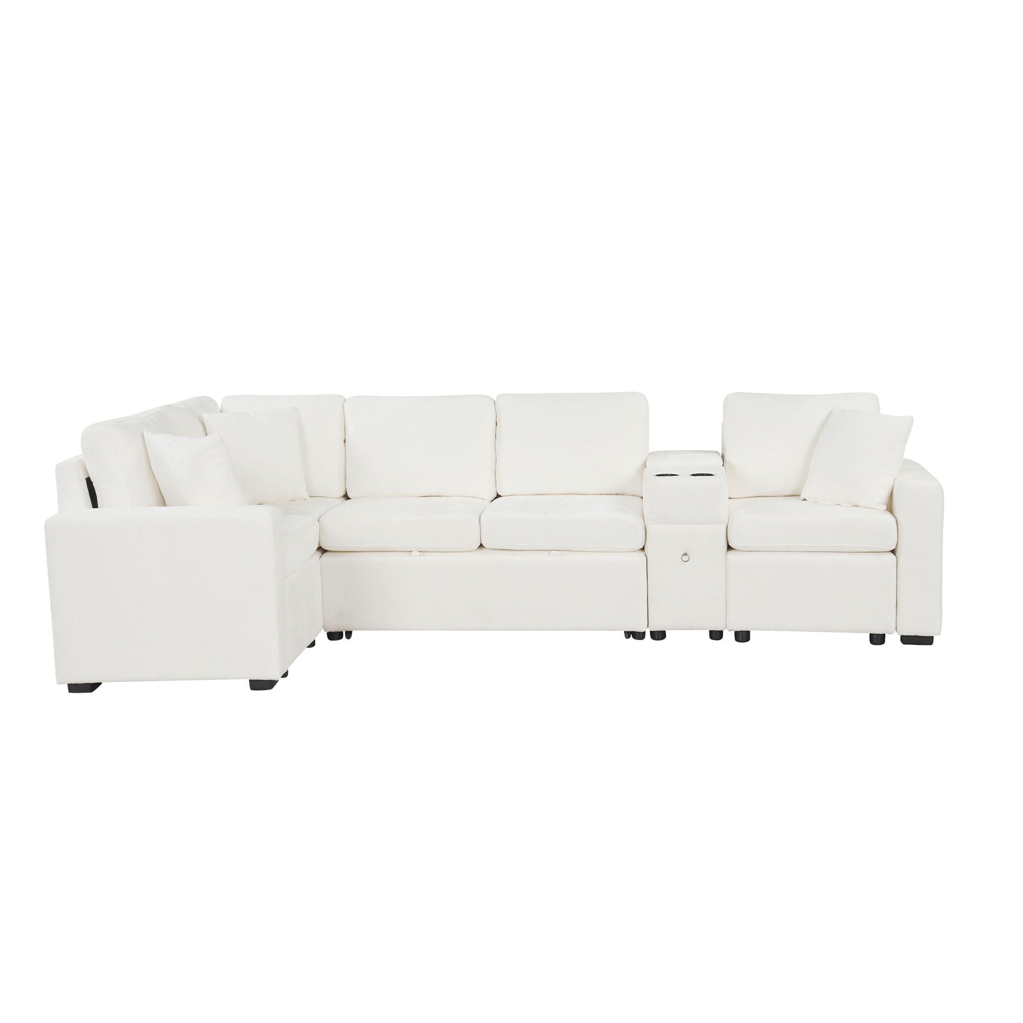 Contemporary L Shaped Convertible Sofa Bed With Pull Out Bed, Cup Holders, And Storage