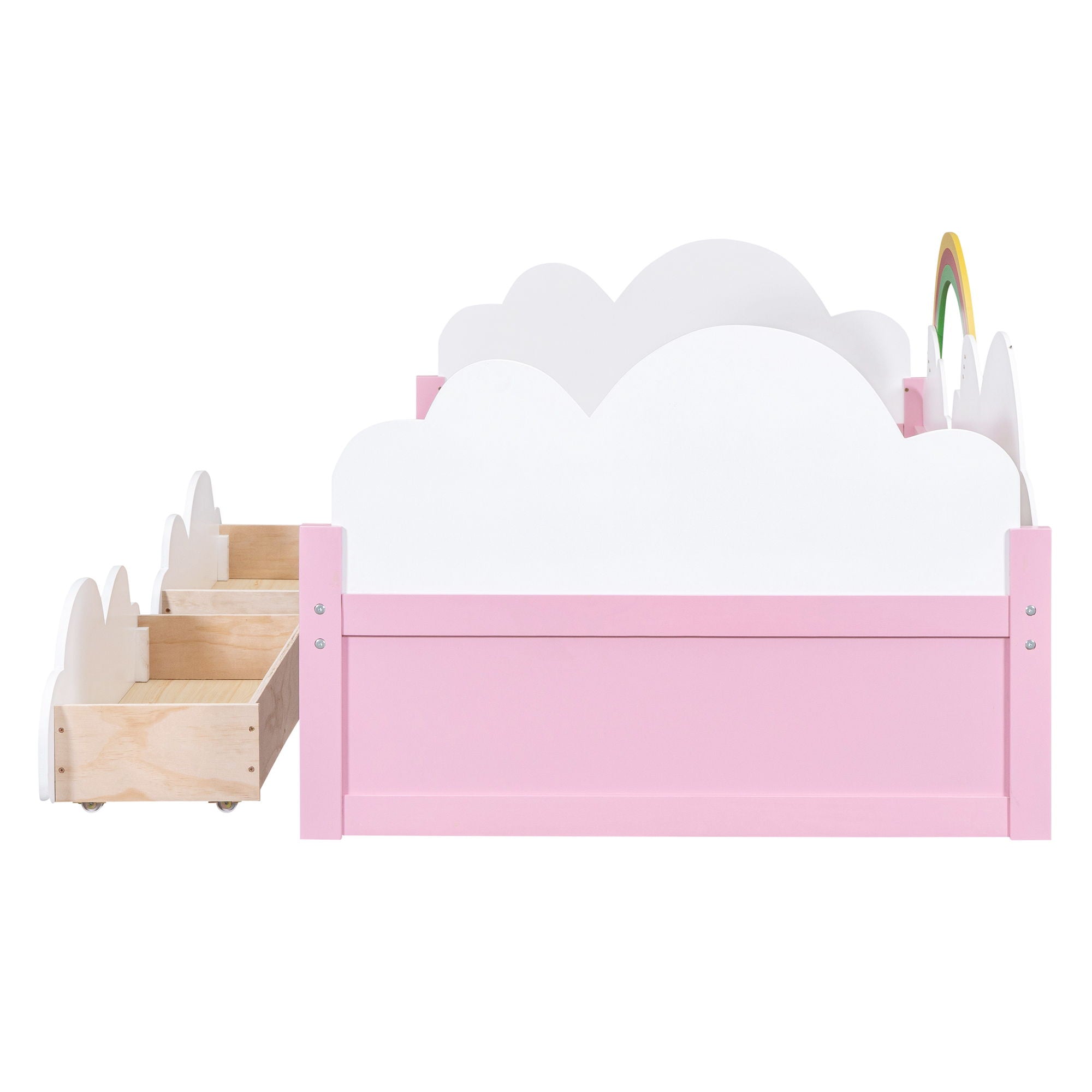 Twin Size Bed With Clouds And Rainbow Decor - Pink / White